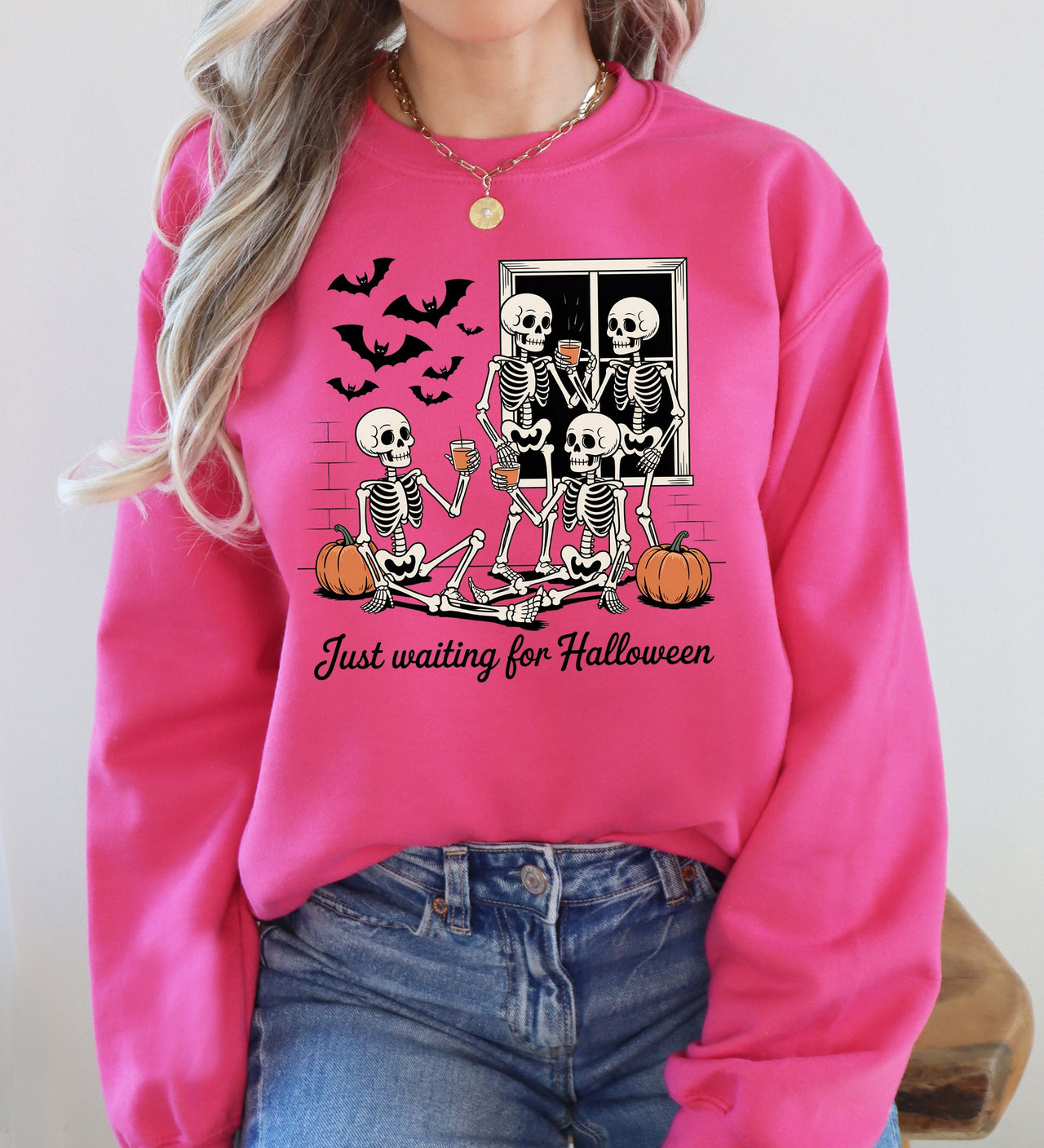 Just Waiting for Halloween Skeleton Ghost Vintage Retro Spooky Costume Fall Graphic Sweatshirt
