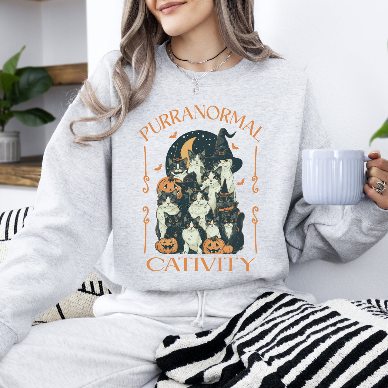 Purranormal Cativity Vintage Ghost Cowgirl Halloween Pumpkin Retro Spooky Graphic Sweatshirt