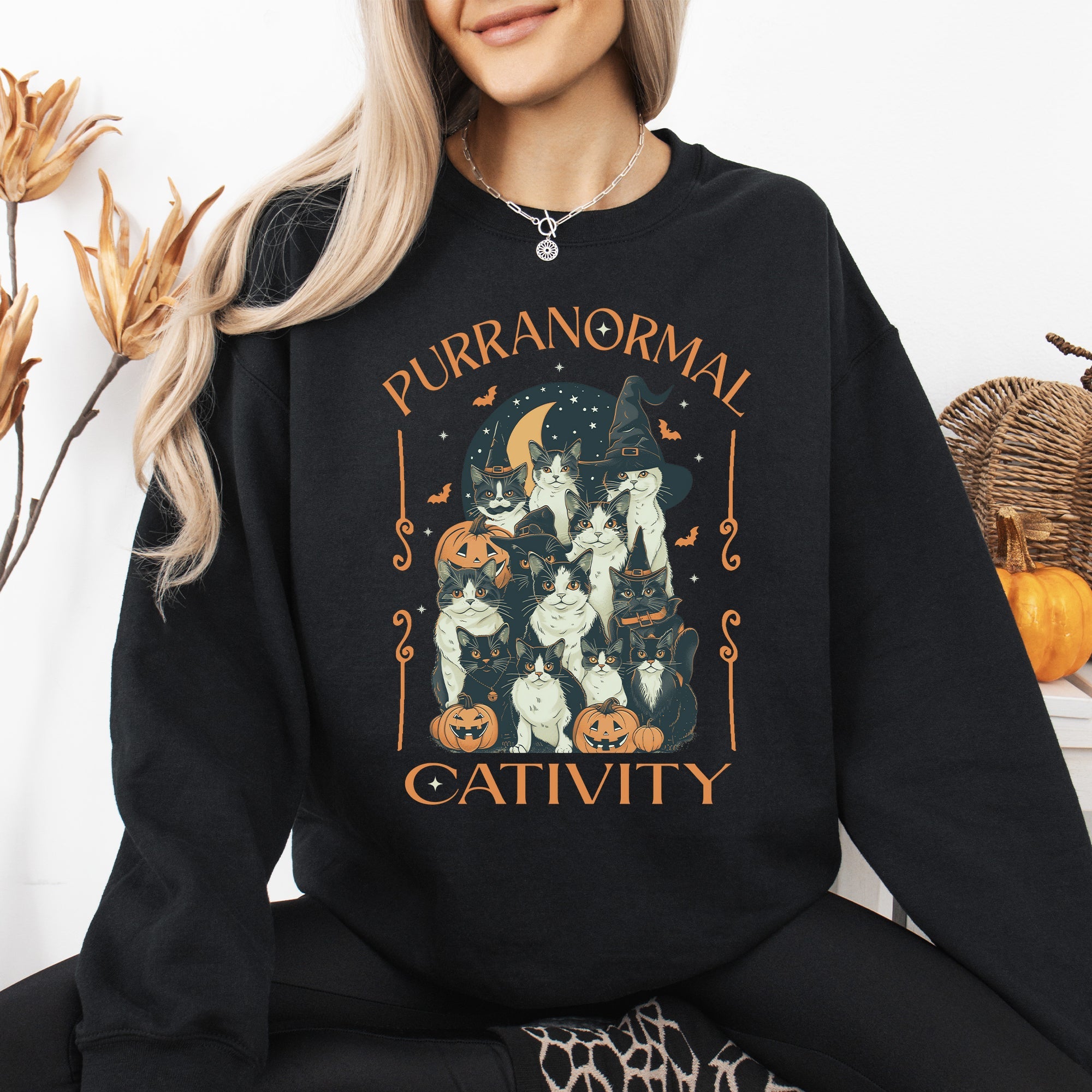 Purranormal Cativity Vintage Ghost Cowgirl Halloween Pumpkin Retro Spooky Graphic Sweatshirt