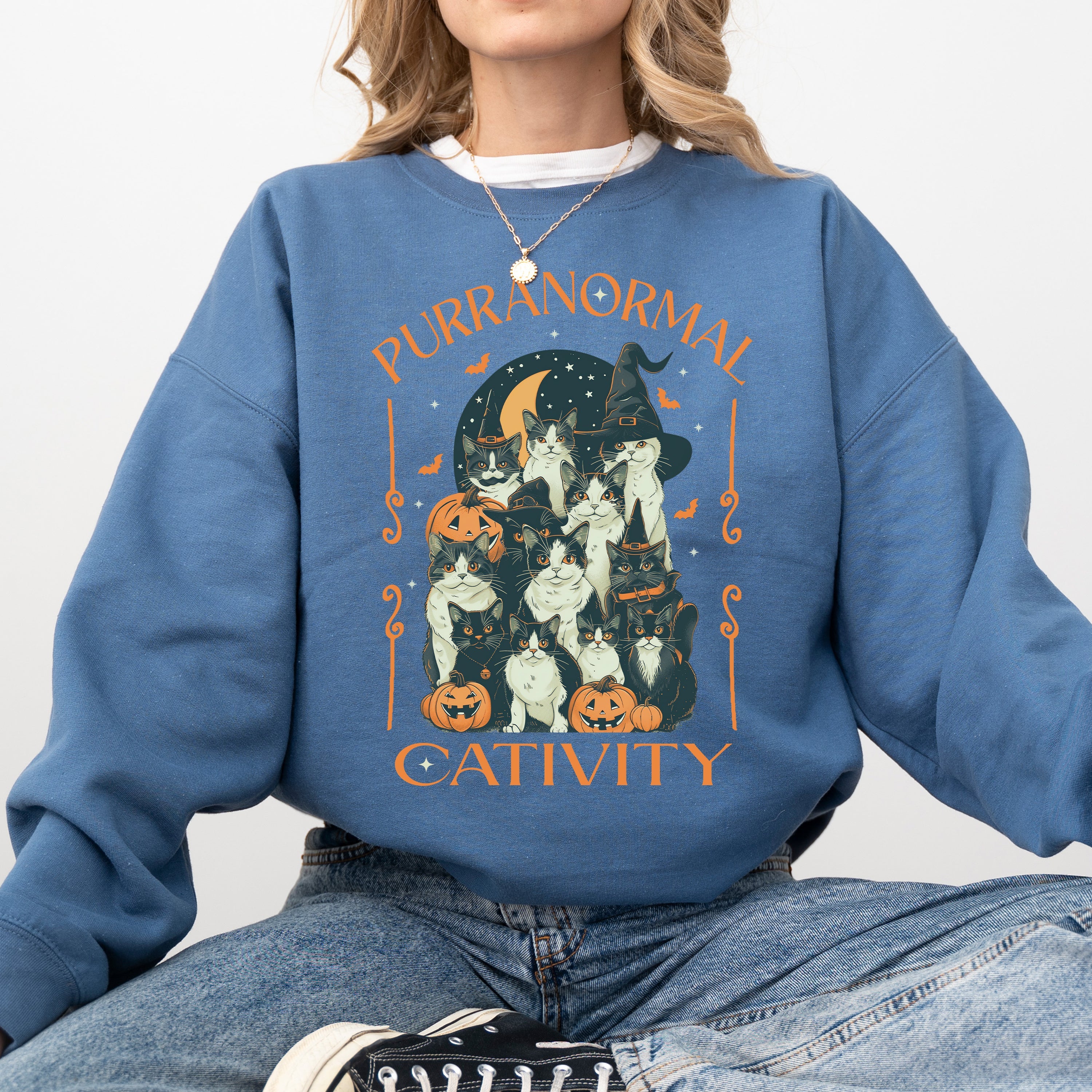 Purranormal Cativity Vintage Ghost Cowgirl Halloween Pumpkin Retro Spooky Graphic Sweatshirt