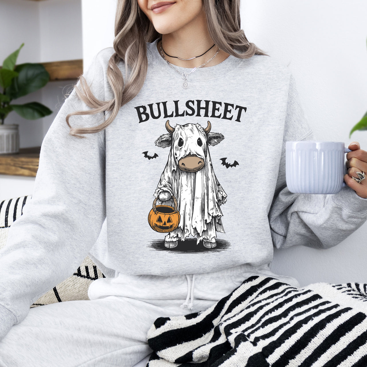 Bullsheet Funny Halloween Cow Ghost Western Pumpkin Retro Spooky Graphic Sweatshirt