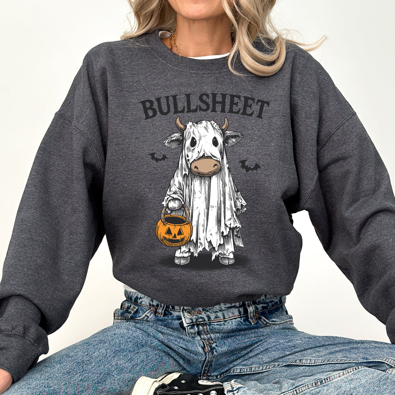 Bullsheet Funny Halloween Cow Ghost Western Pumpkin Retro Spooky Graphic Sweatshirt