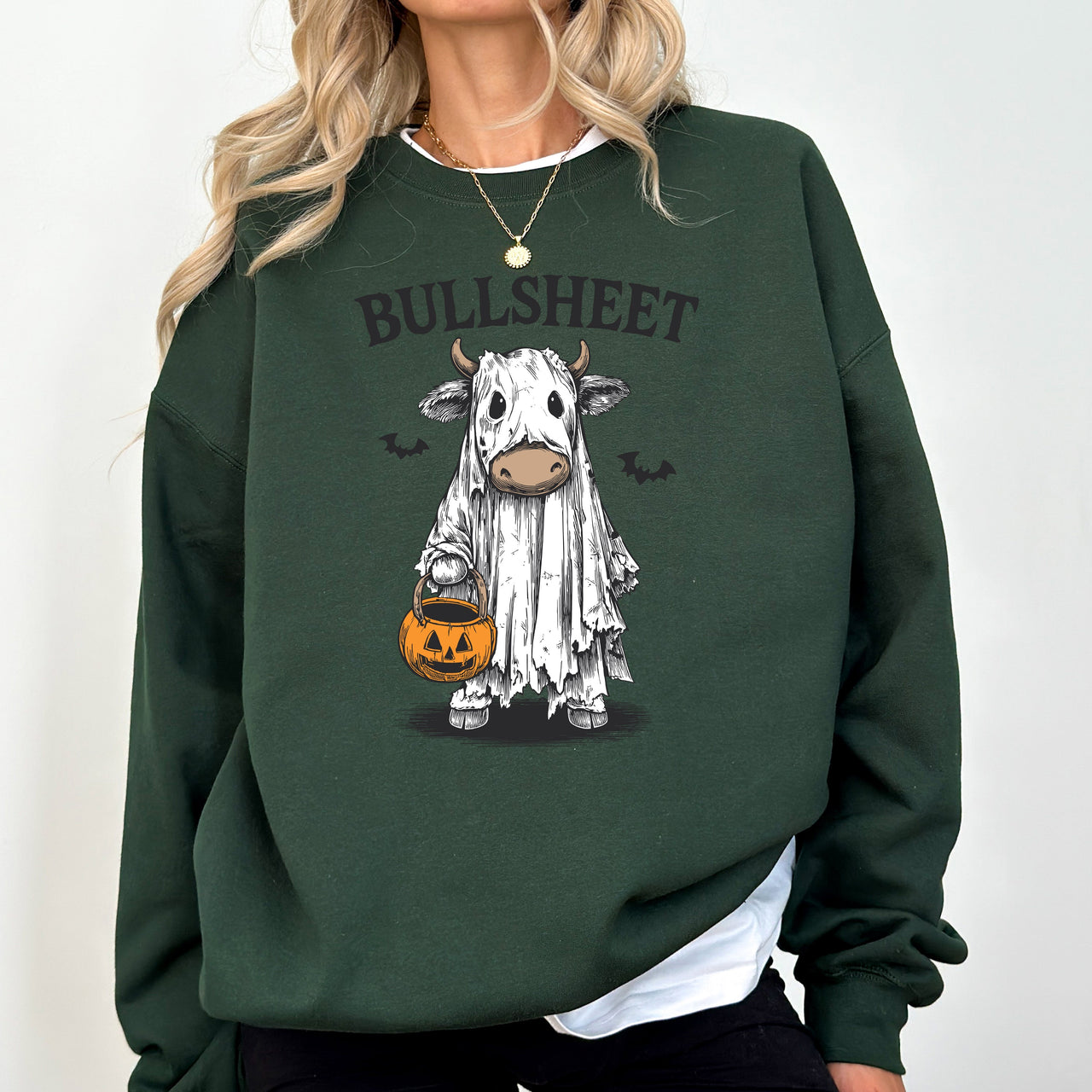 Bullsheet Funny Halloween Cow Ghost Western Pumpkin Retro Spooky Graphic Sweatshirt