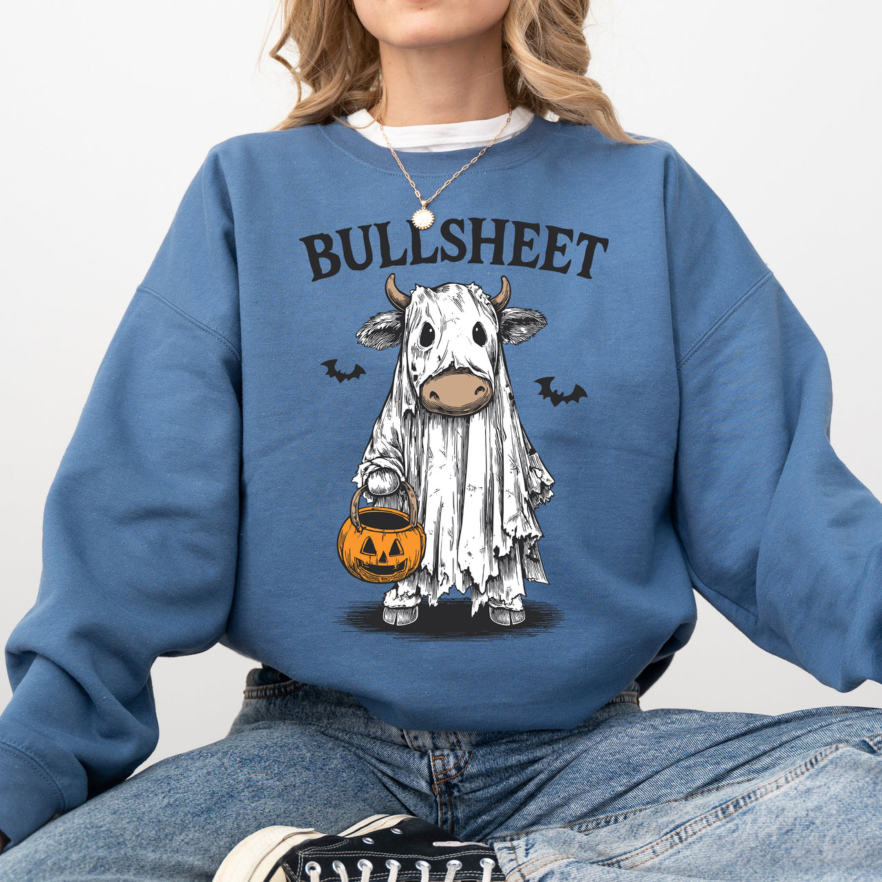 Bullsheet Funny Halloween Cow Ghost Western Pumpkin Retro Spooky Graphic Sweatshirt