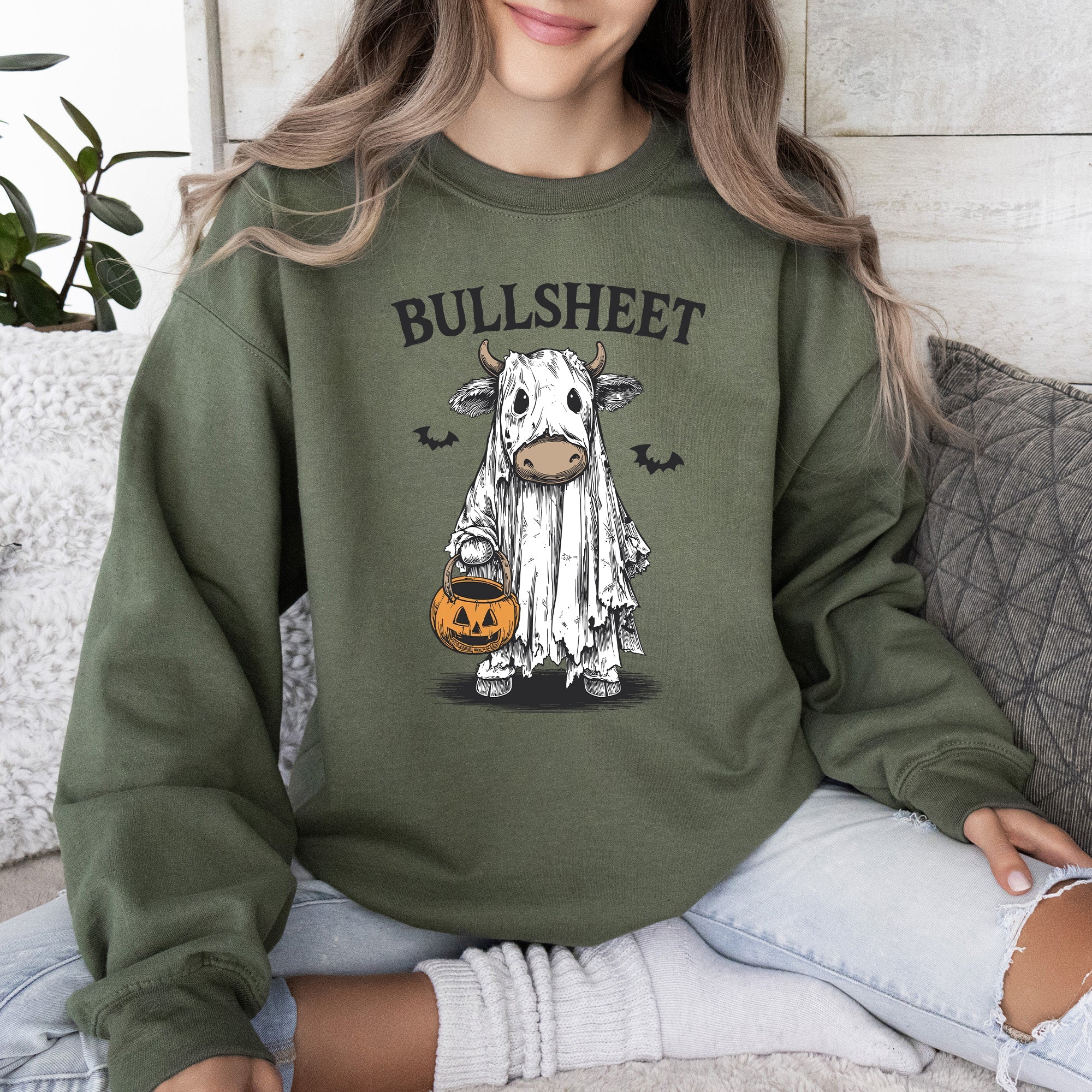 Bullsheet Funny Halloween Cow Ghost Western Pumpkin Retro Spooky Graphic Sweatshirt