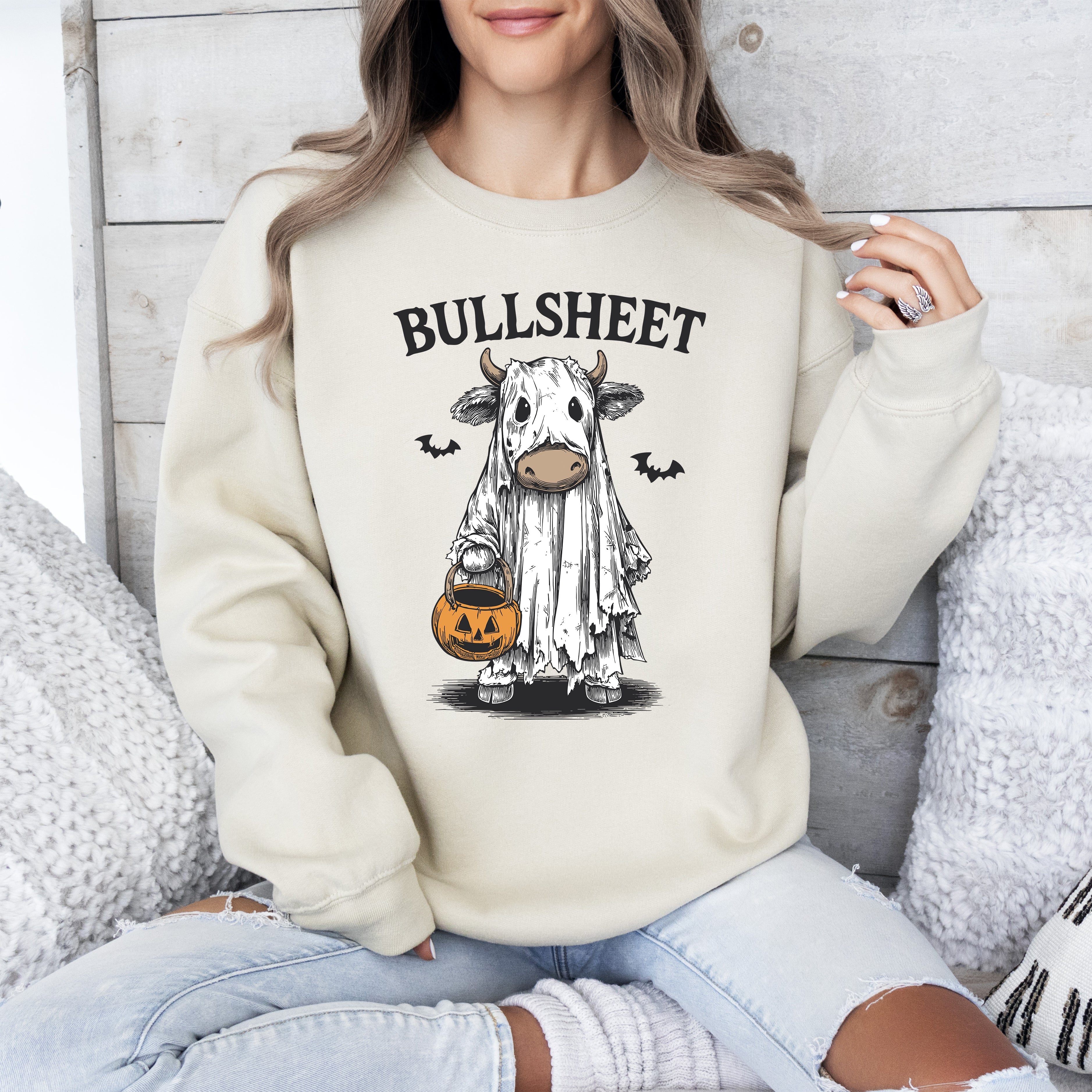 Bullsheet Funny Halloween Cow Ghost Western Pumpkin Retro Spooky Graphic Sweatshirt