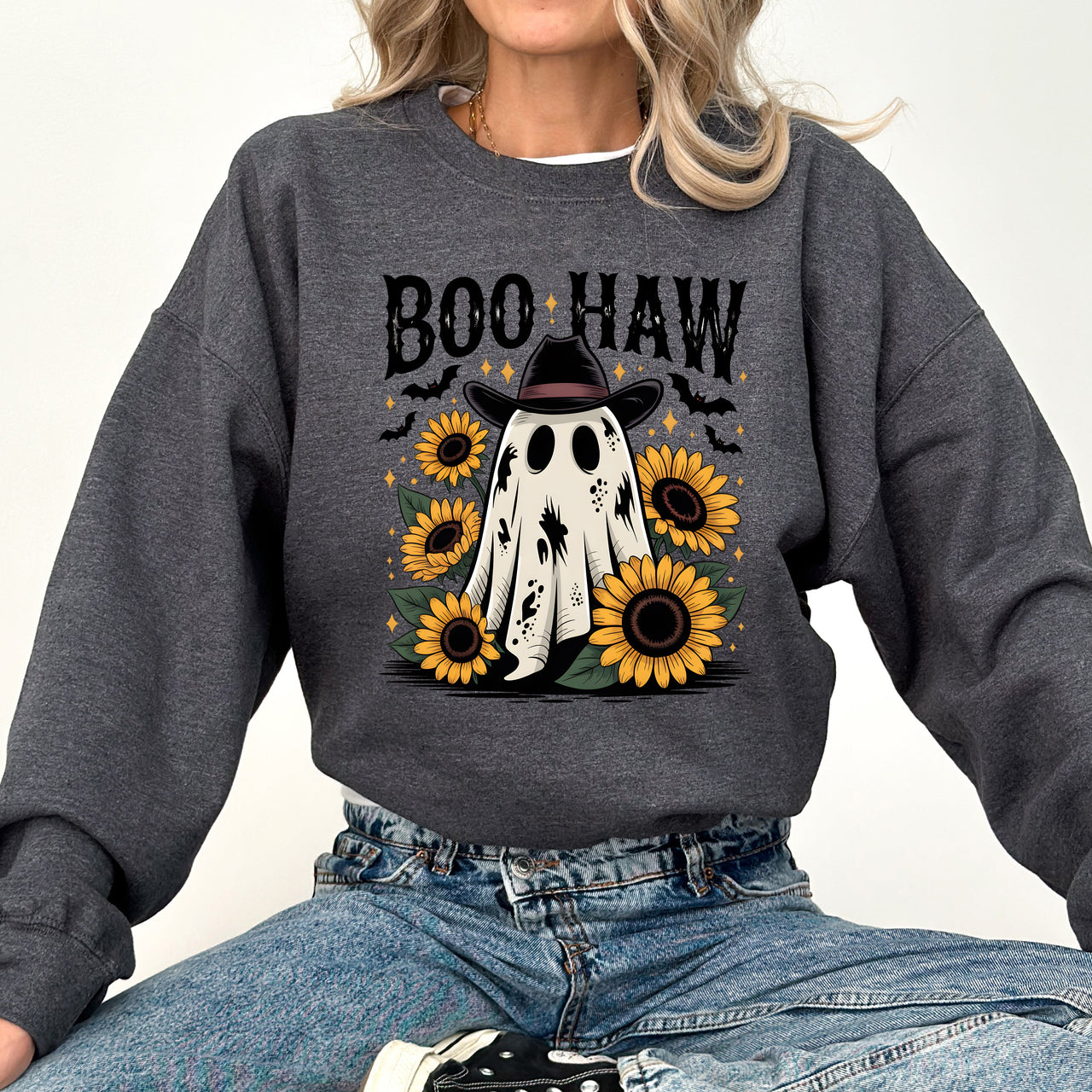 Boo Haw, Cowboy Ghost Halloween Western Sunflowers Vintage Pumpkin Retro Spooky Graphic Sweatshirt