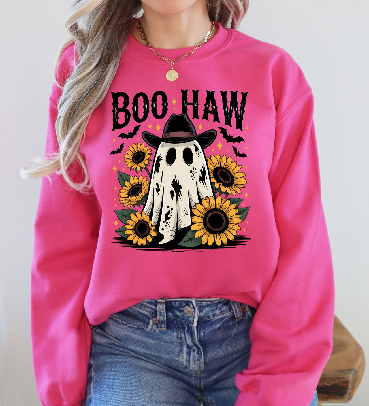 Boo Haw, Cowboy Ghost Halloween Western Sunflowers Vintage Pumpkin Retro Spooky Graphic Sweatshirt