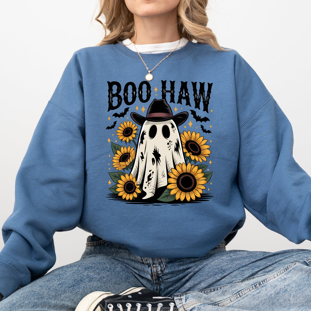 Boo Haw, Cowboy Ghost Halloween Western Sunflowers Vintage Pumpkin Retro Spooky Graphic Sweatshirt