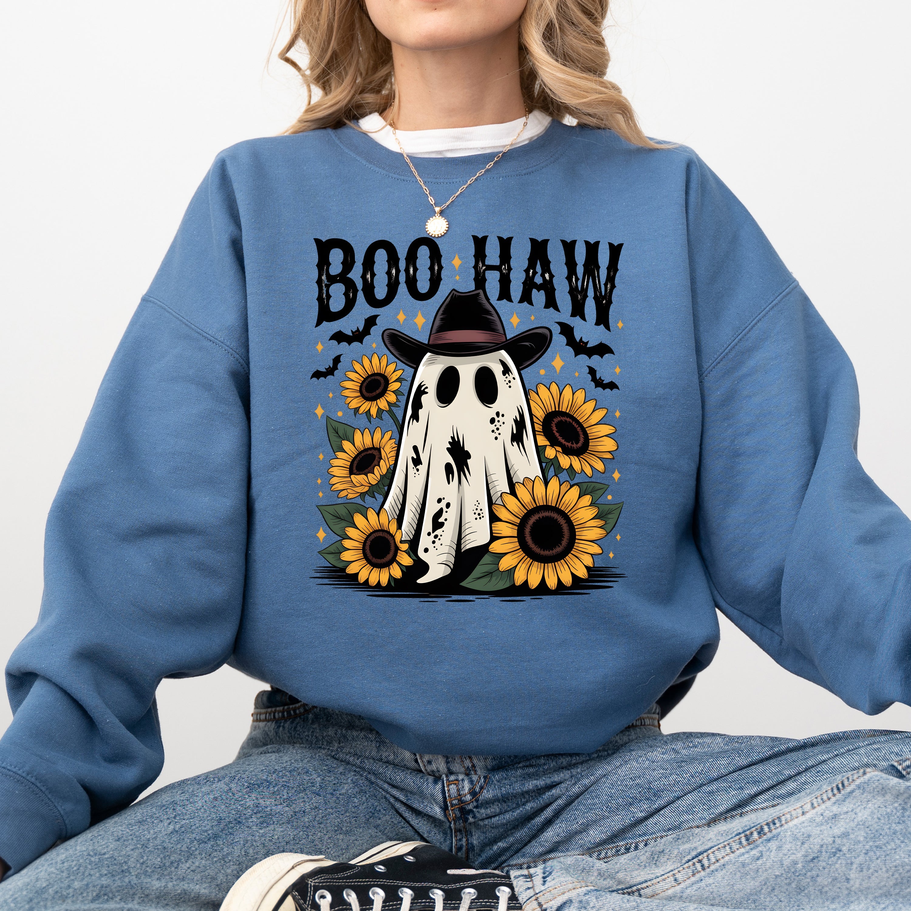 Boo Haw, Cowboy Ghost Halloween Western Sunflowers Vintage Pumpkin Retro Spooky Graphic Sweatshirt