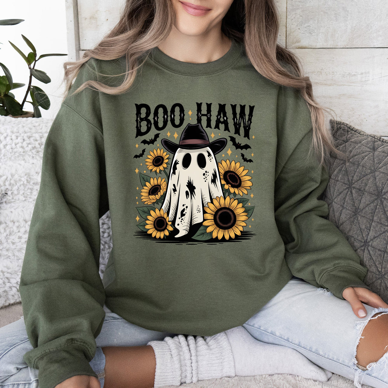 Boo Haw, Cowboy Ghost Halloween Western Sunflowers Vintage Pumpkin Retro Spooky Graphic Sweatshirt