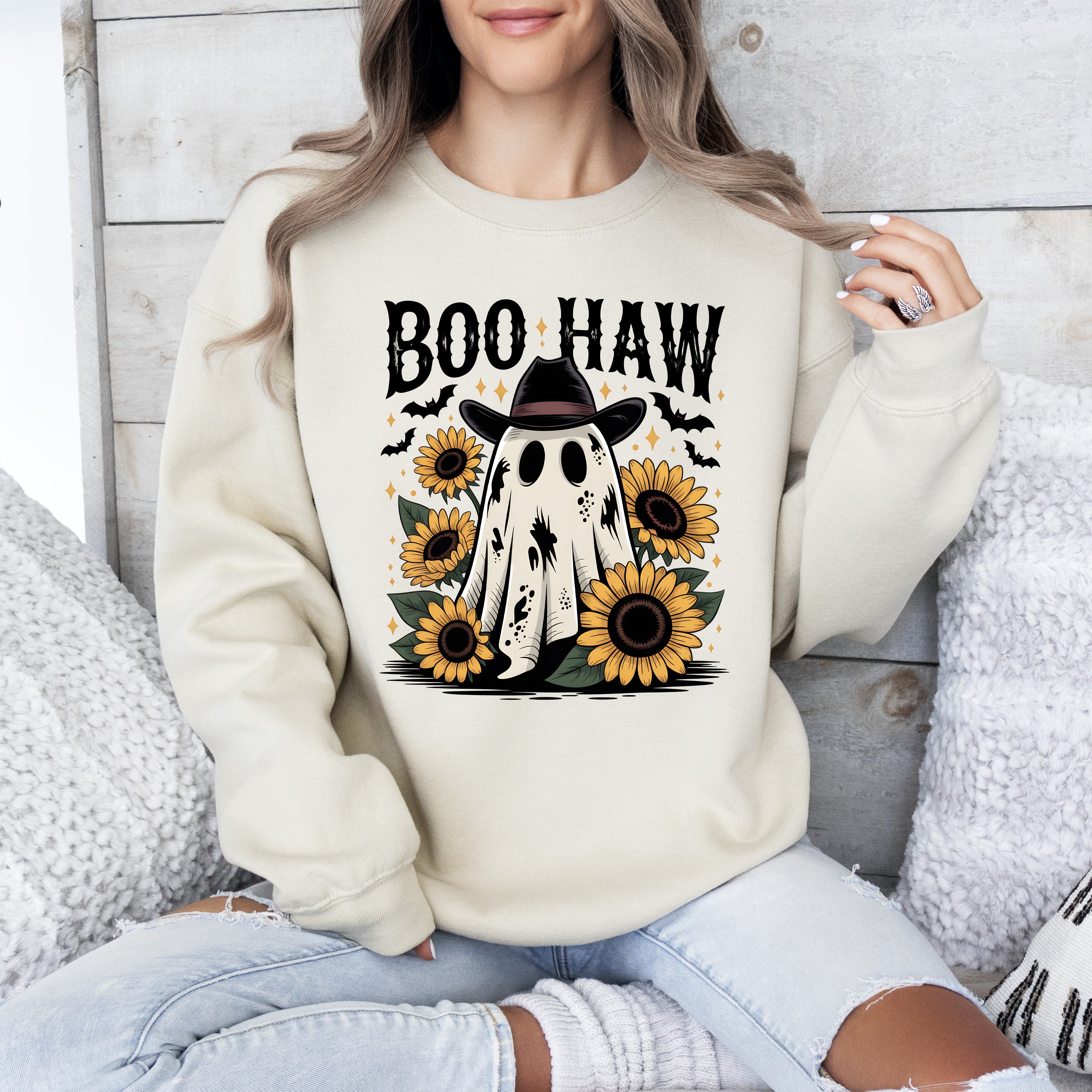 Boo Haw, Cowboy Ghost Halloween Western Sunflowers Vintage Pumpkin Retro Spooky Graphic Sweatshirt