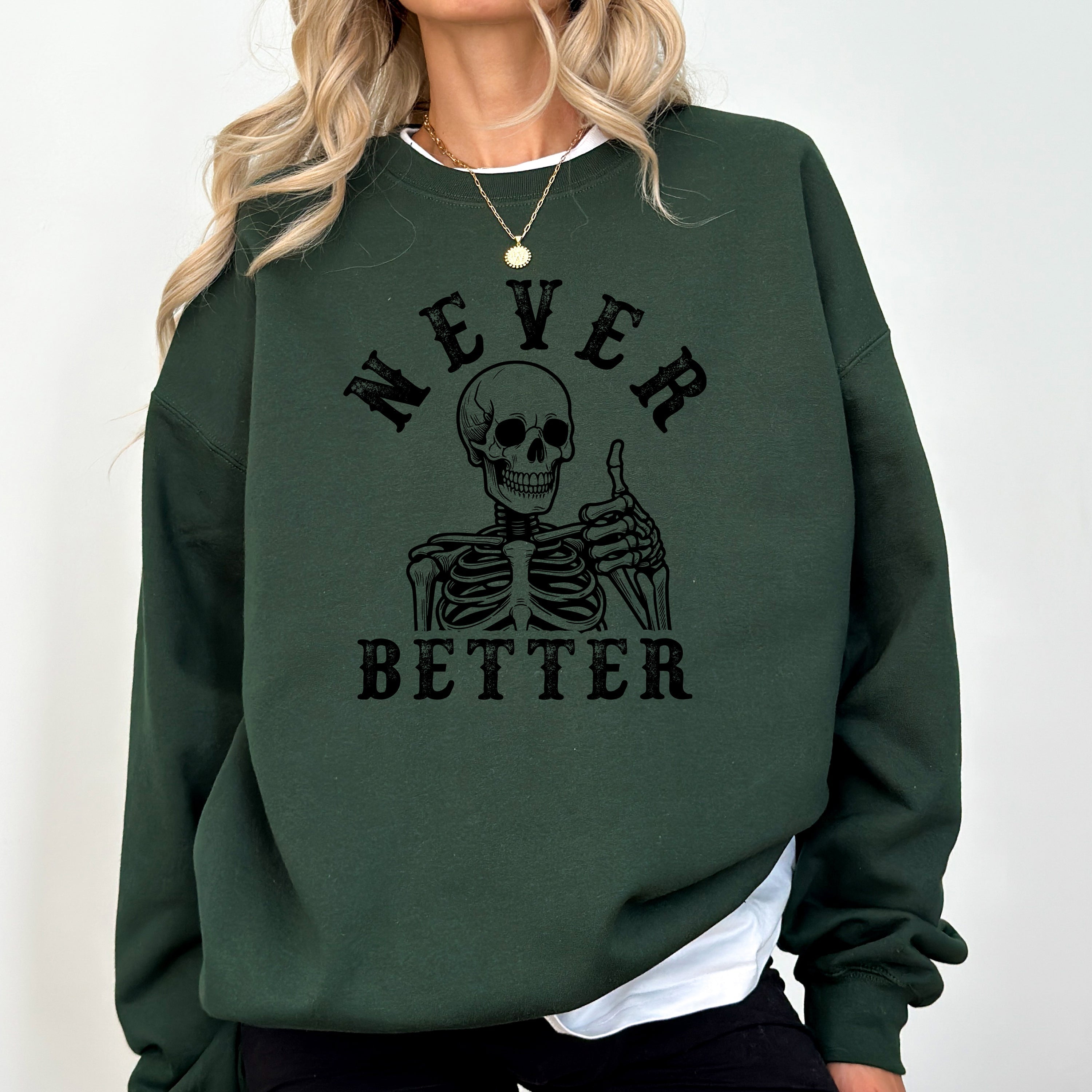 Never Better Cowboy Ghost Halloween Western Vintage Pumpkin Skeleton Retro Fall Graphic Sweatshirt