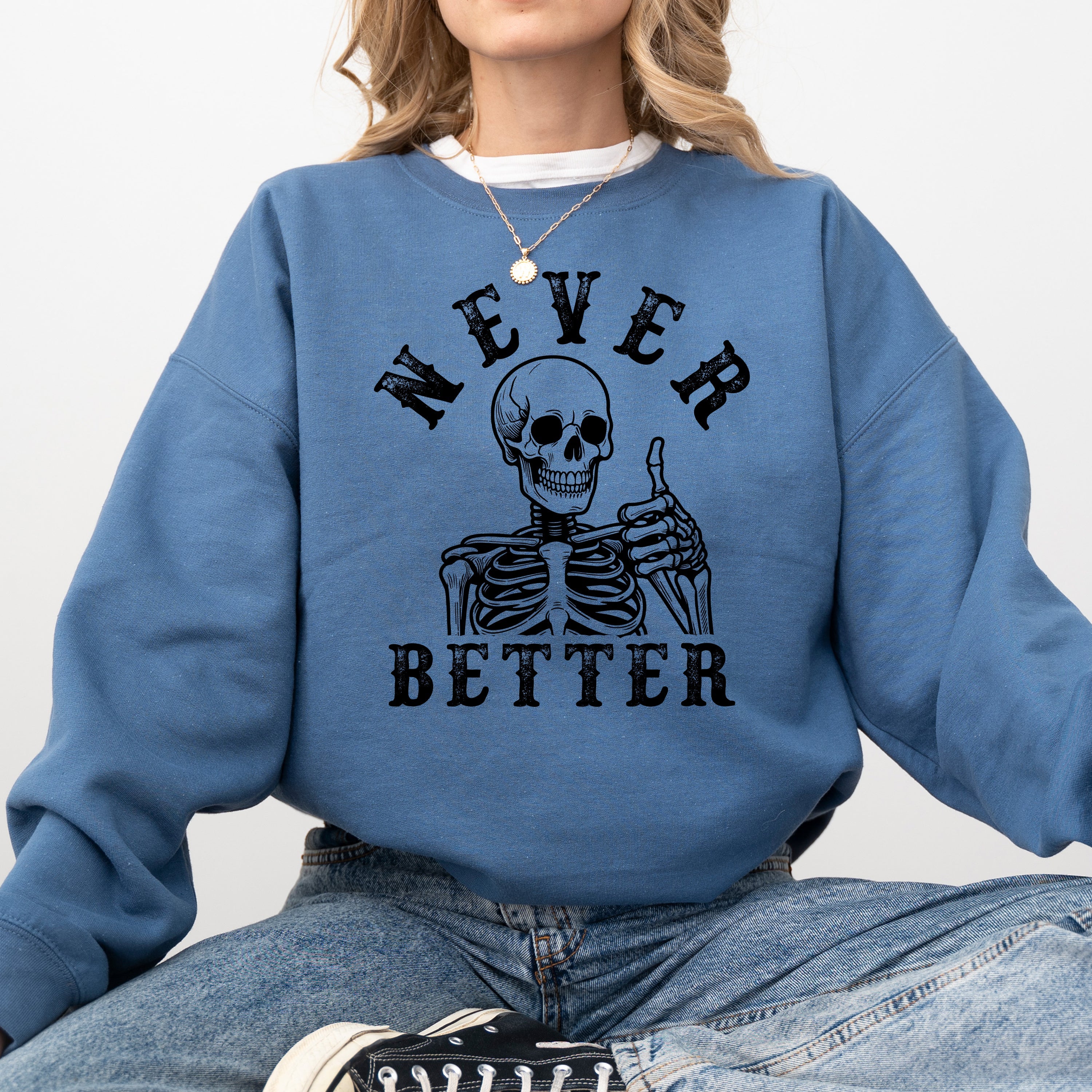 Never Better Cowboy Ghost Halloween Western Vintage Pumpkin Skeleton Retro Fall Graphic Sweatshirt
