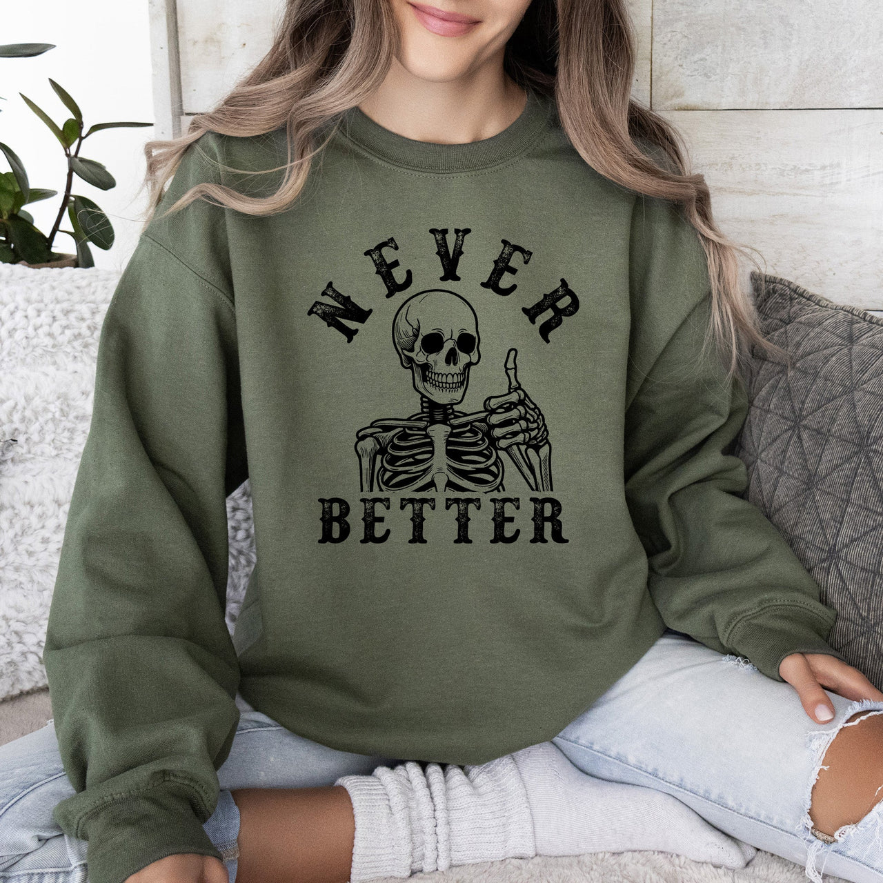 Never Better Cowboy Ghost Halloween Western Vintage Pumpkin Skeleton Retro Fall Graphic Sweatshirt