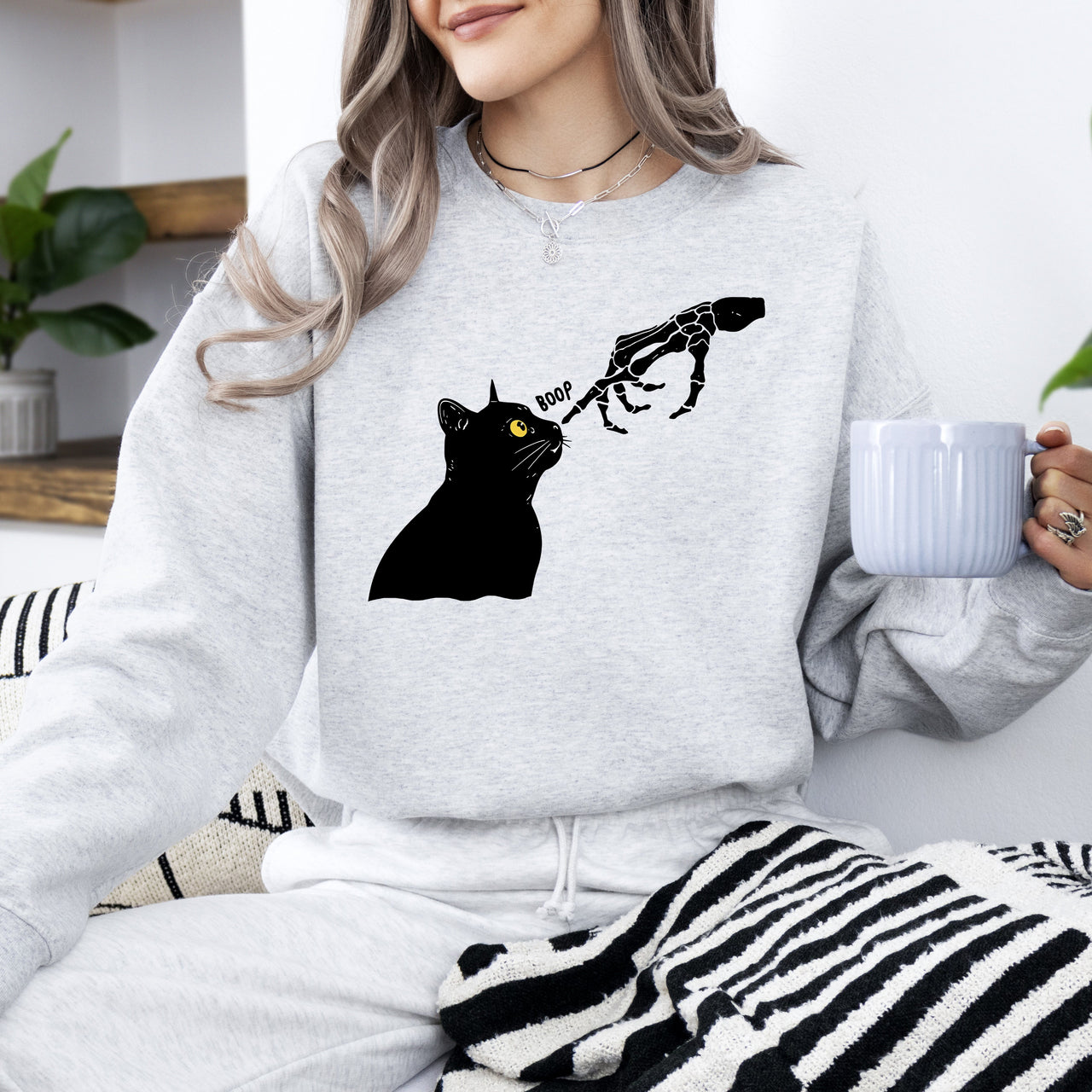 Boop Cat Skeleton Ghost Halloween Western Vintage Pumpkin Retro Spooky Graphic Sweatshirt