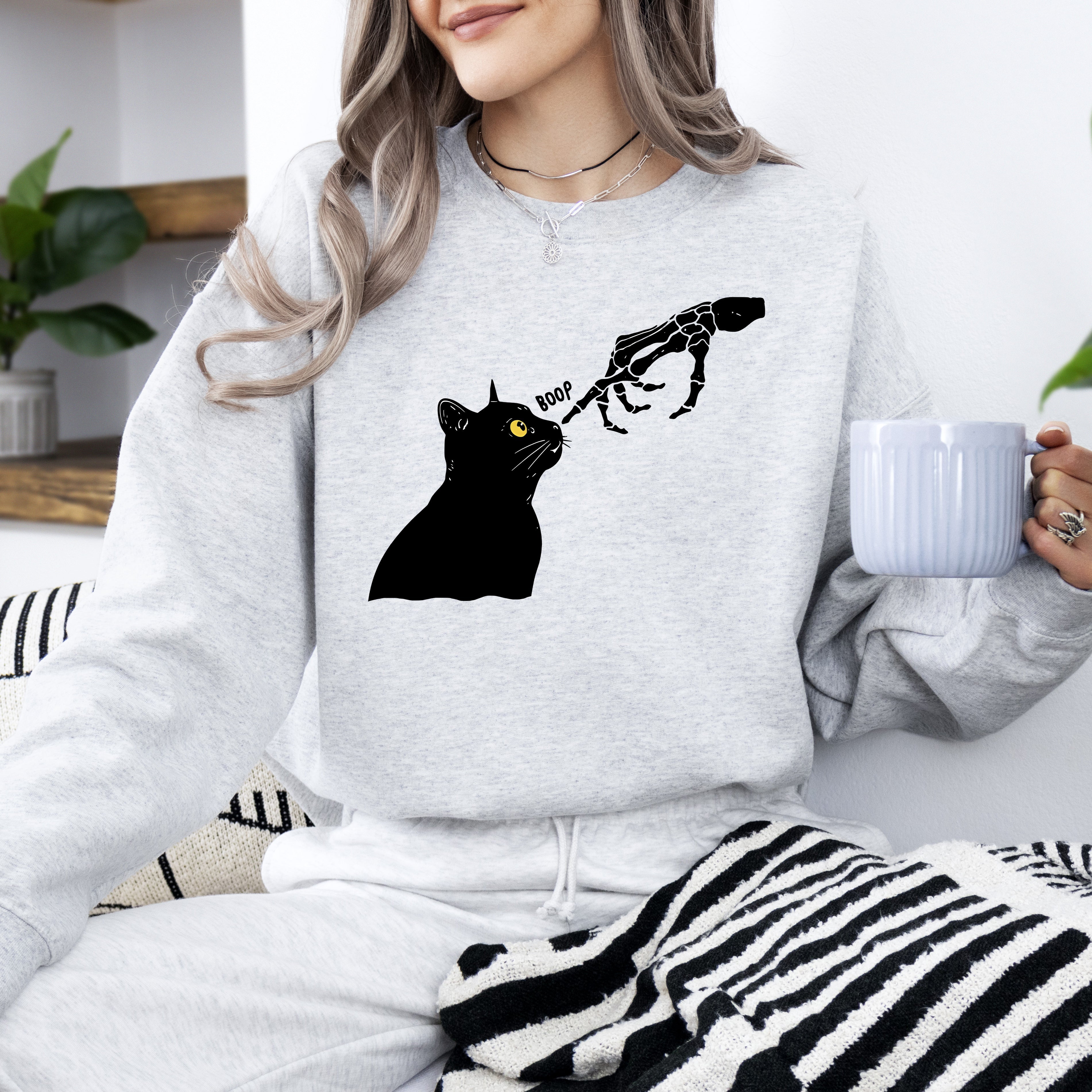 Boop Cat Skeleton Ghost Halloween Western Vintage Pumpkin Retro Spooky Graphic Sweatshirt