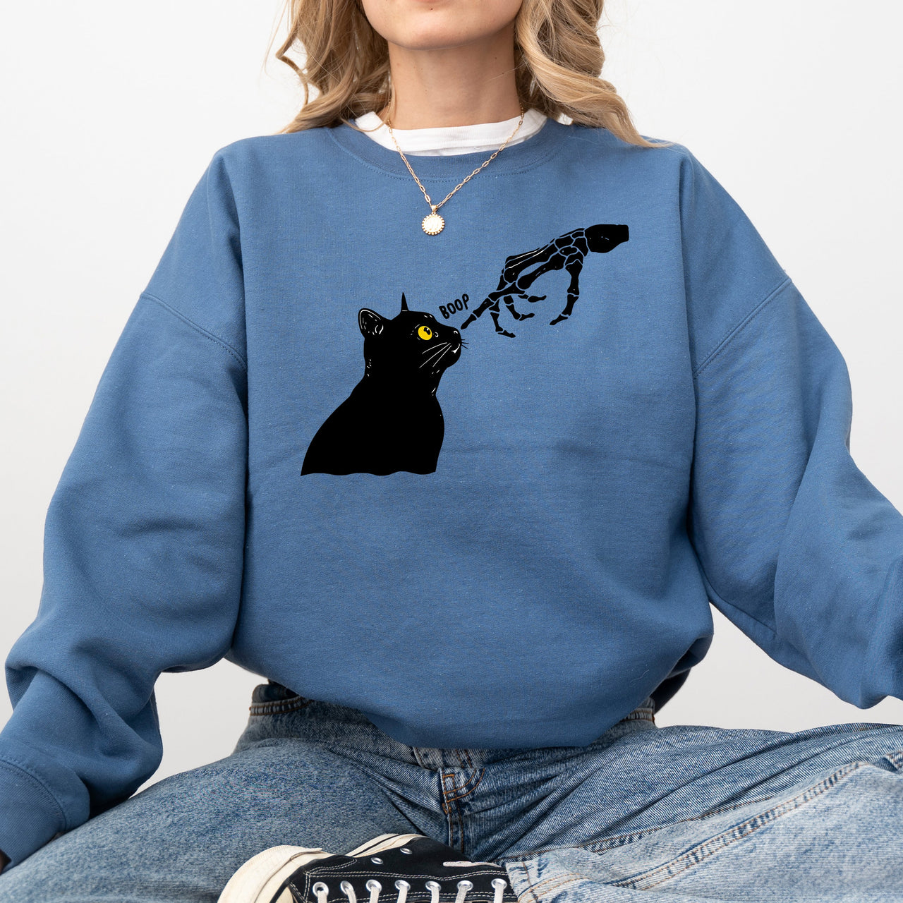 Boop Cat Skeleton Ghost Halloween Western Vintage Pumpkin Retro Spooky Graphic Sweatshirt