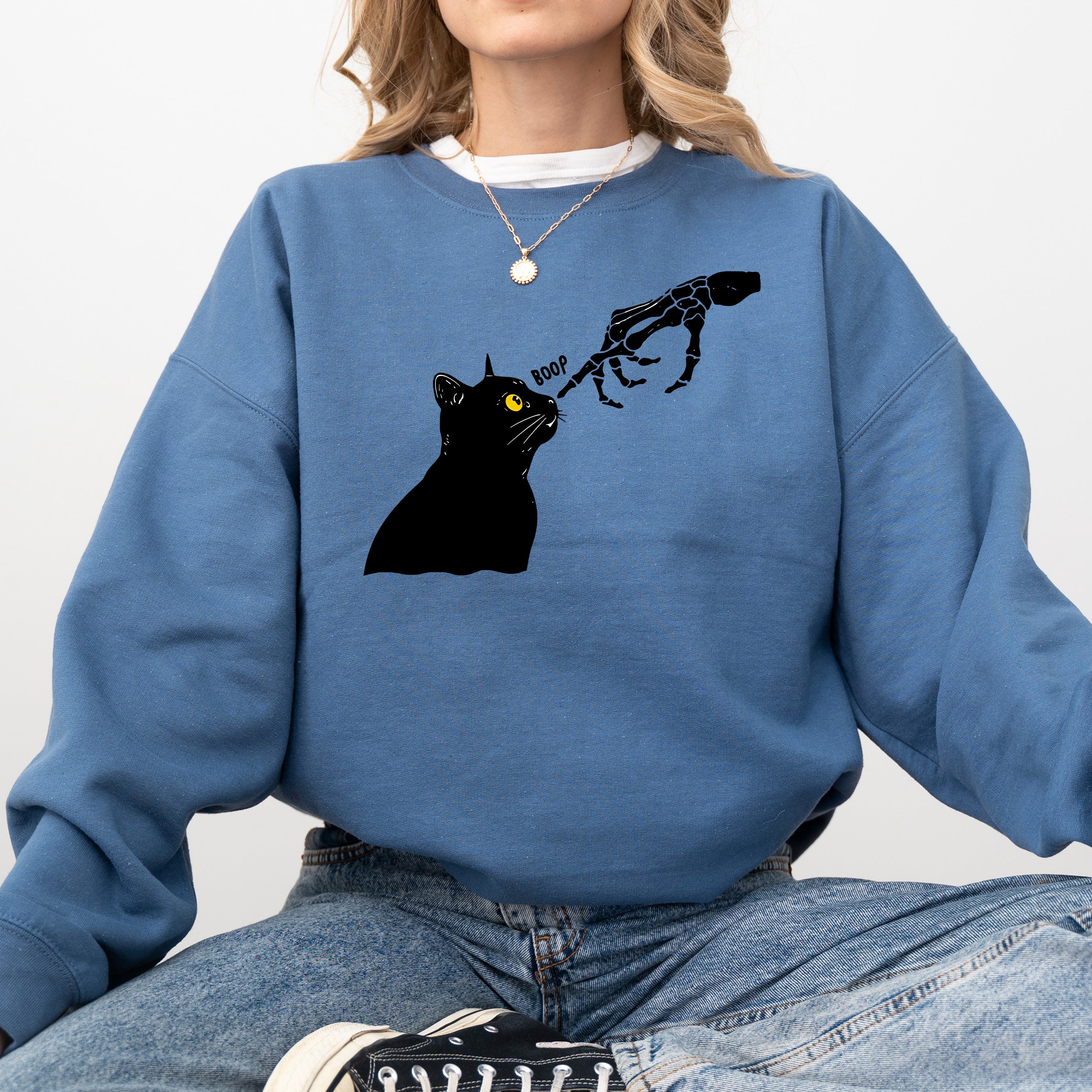 Boop Cat Skeleton Ghost Halloween Western Vintage Pumpkin Retro Spooky Graphic Sweatshirt