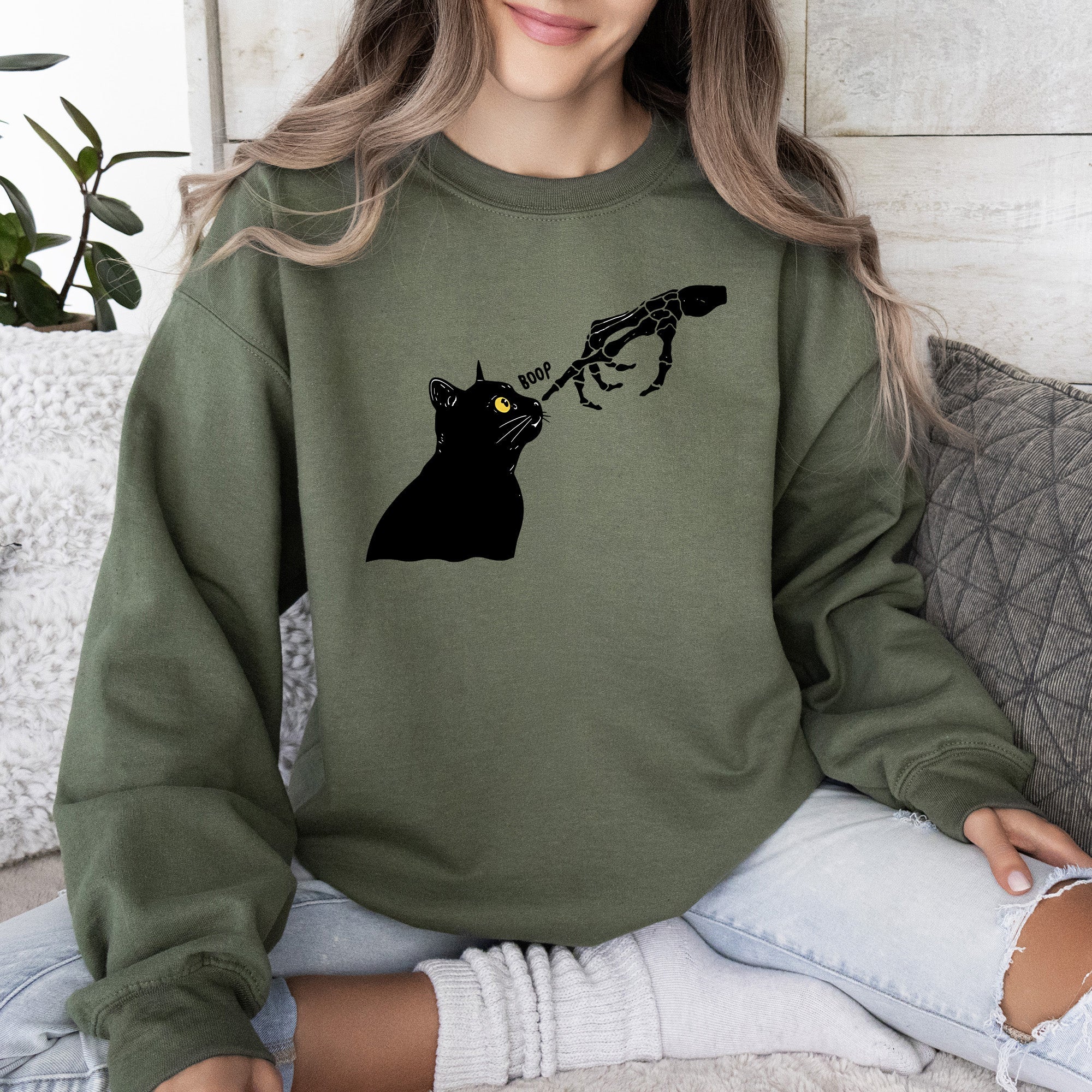 Boop Cat Skeleton Ghost Halloween Western Vintage Pumpkin Retro Spooky Graphic Sweatshirt