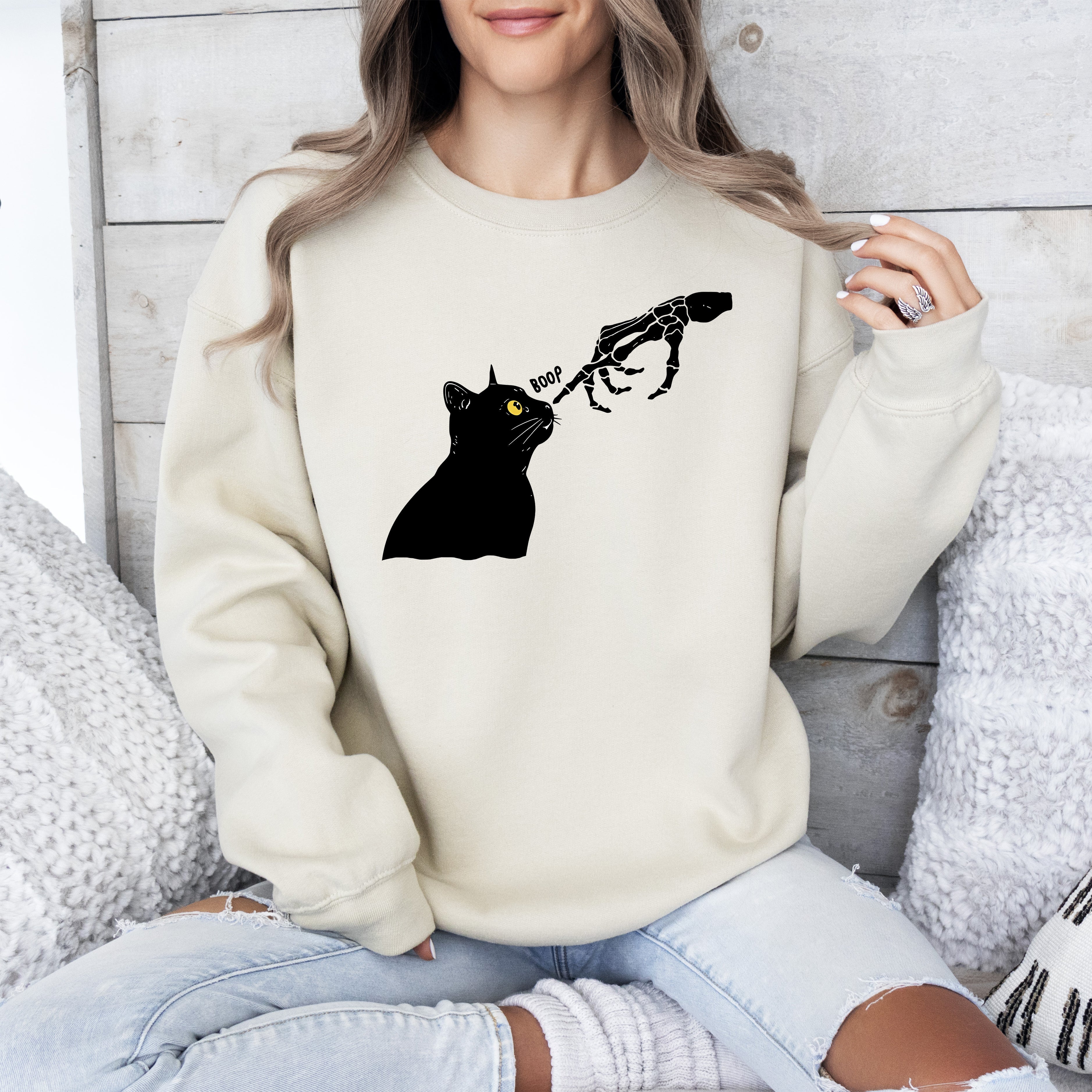 Boop Cat Skeleton Ghost Halloween Western Vintage Pumpkin Retro Spooky Graphic Sweatshirt