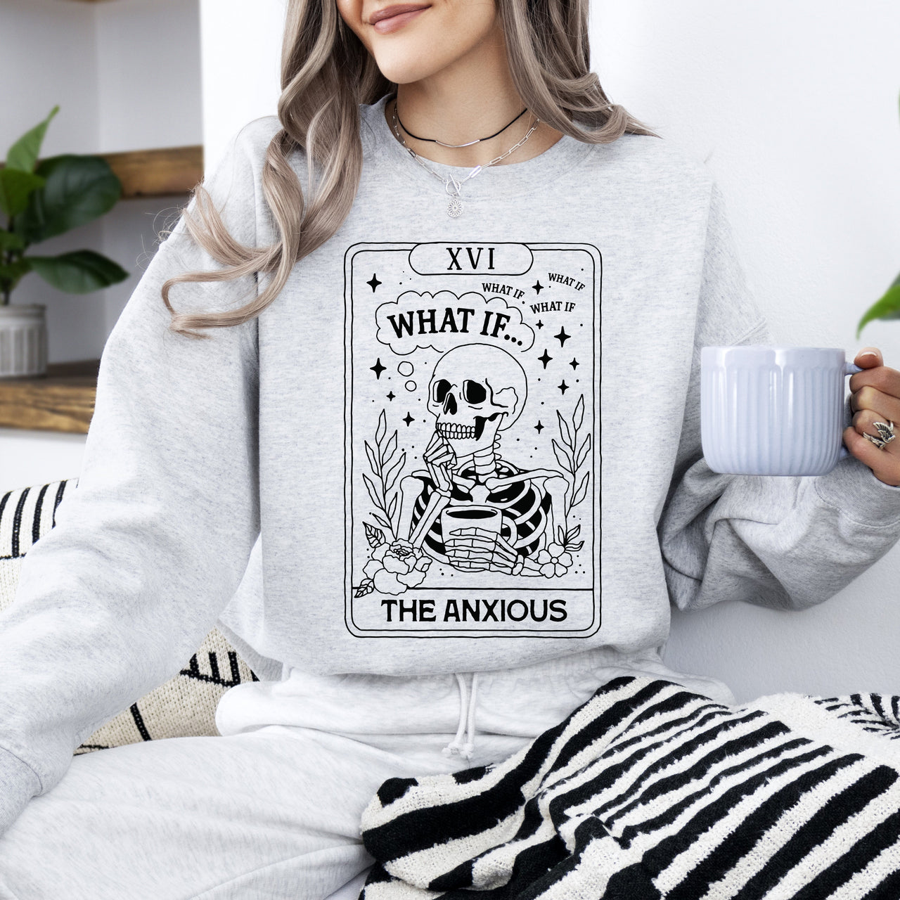 What If The Anxious Skeleton Ghost Western Vintage Pumpkin Halloween Tarot Card Graphic Sweatshirt