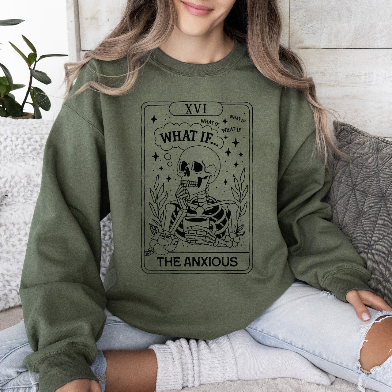What If The Anxious Skeleton Ghost Western Vintage Pumpkin Halloween Tarot Card Graphic Sweatshirt
