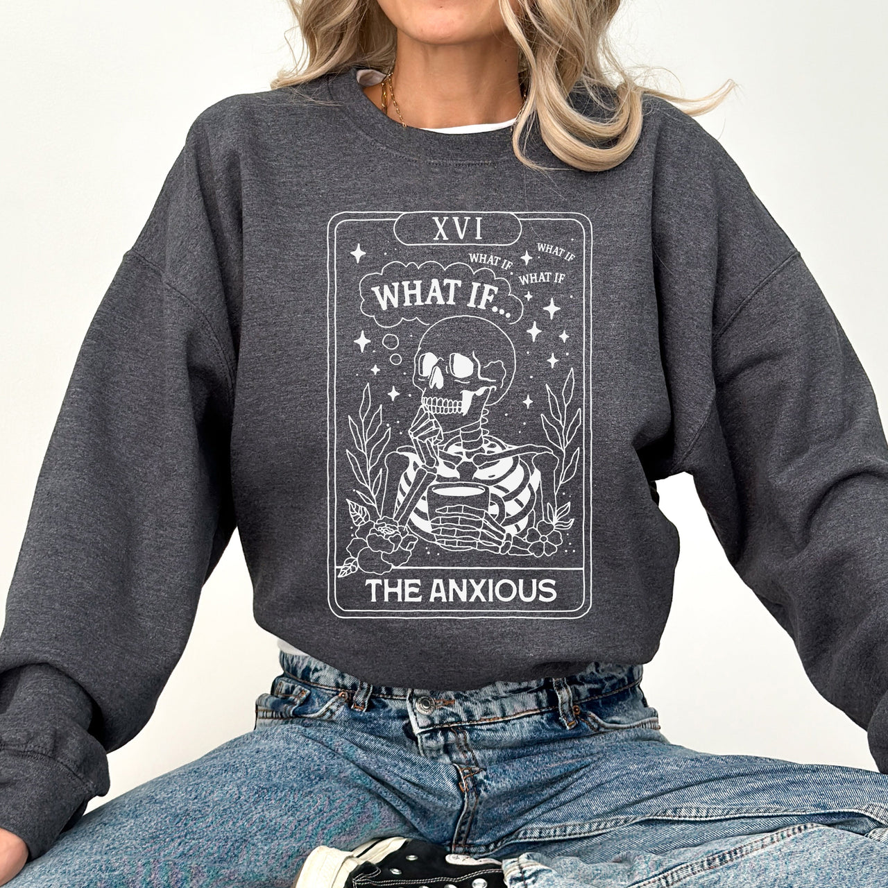 What If The Anxious Skeleton Ghost Western Vintage Pumpkin Halloween Tarot Card Graphic Sweatshirt
