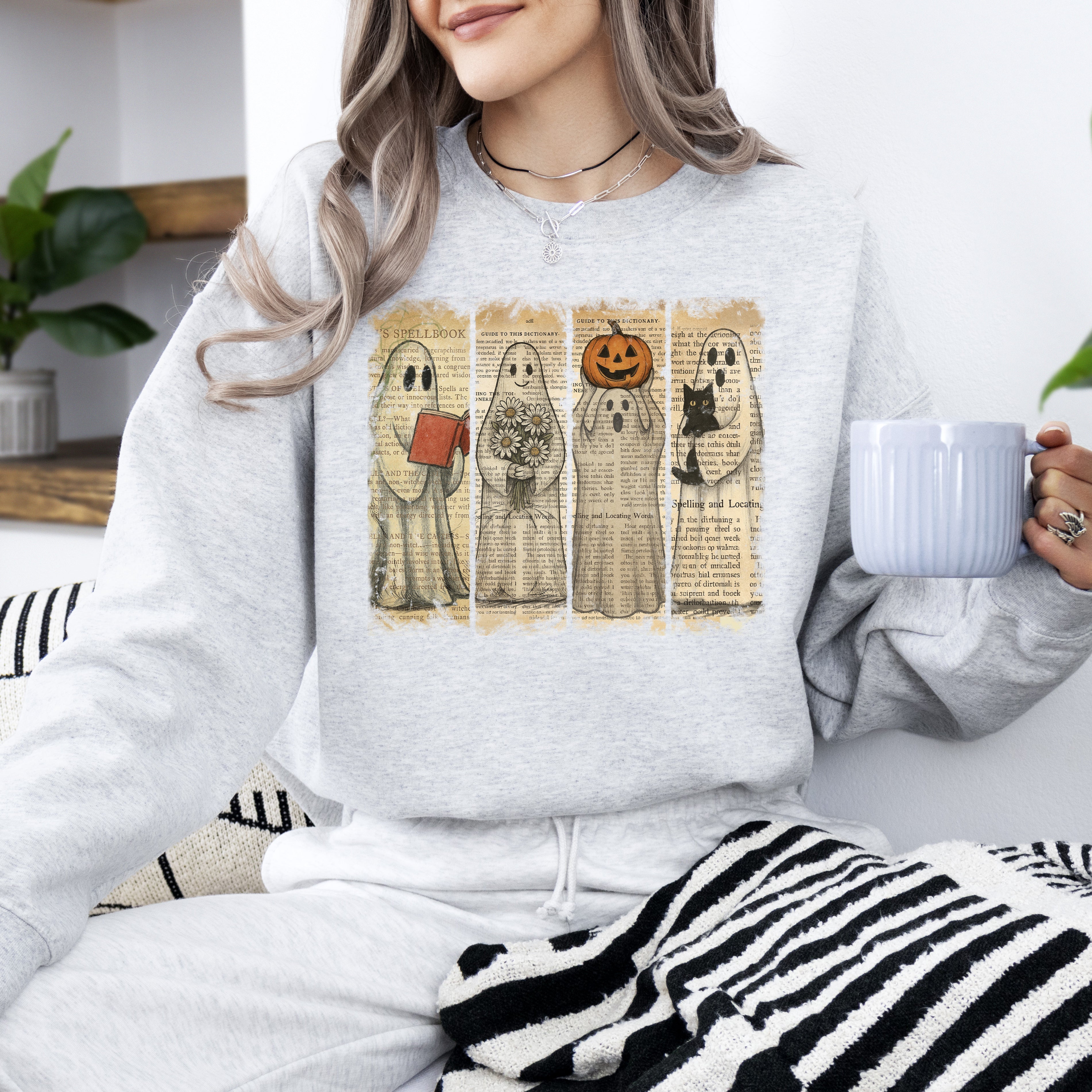 Vintage Newspaper Ghost Halloween Book Cat Western Pumpkin Retro Spooky Costume Fall Graphic Sweatshirt