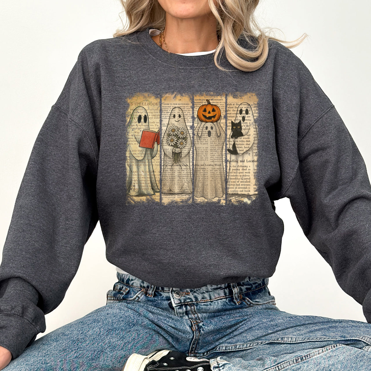 Vintage Newspaper Ghost Halloween Book Cat Western Pumpkin Retro Spooky Costume Fall Graphic Sweatshirt