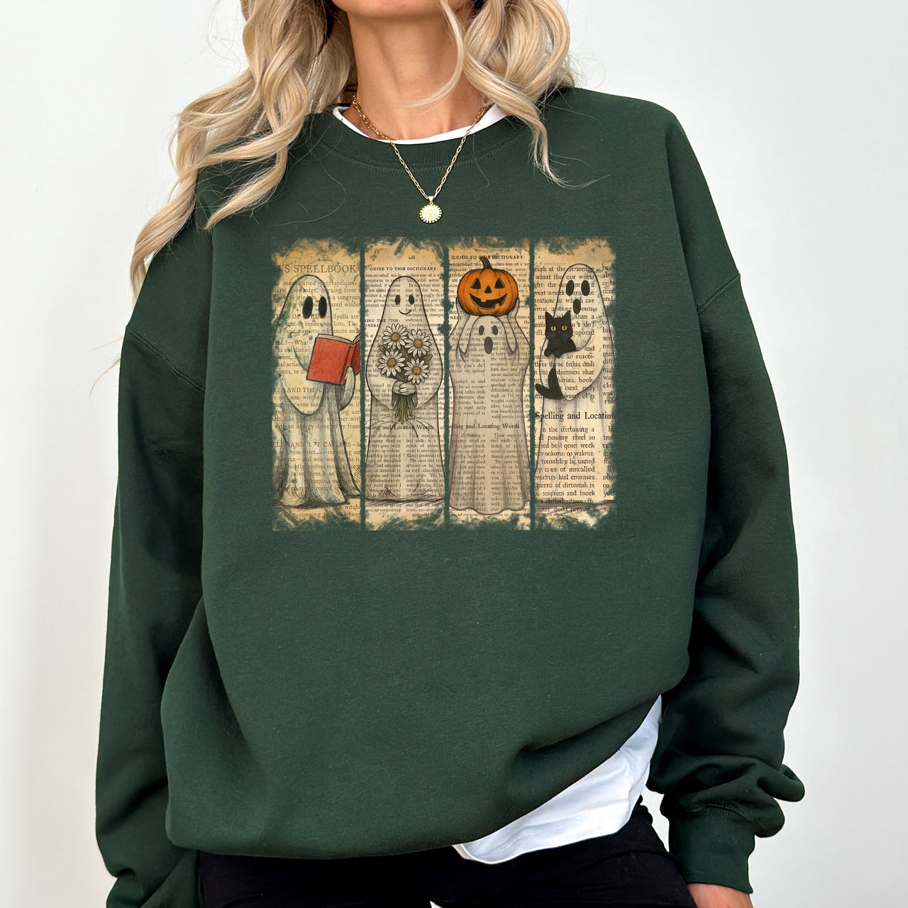 Vintage Newspaper Ghost Halloween Book Cat Western Pumpkin Retro Spooky Costume Fall Graphic Sweatshirt