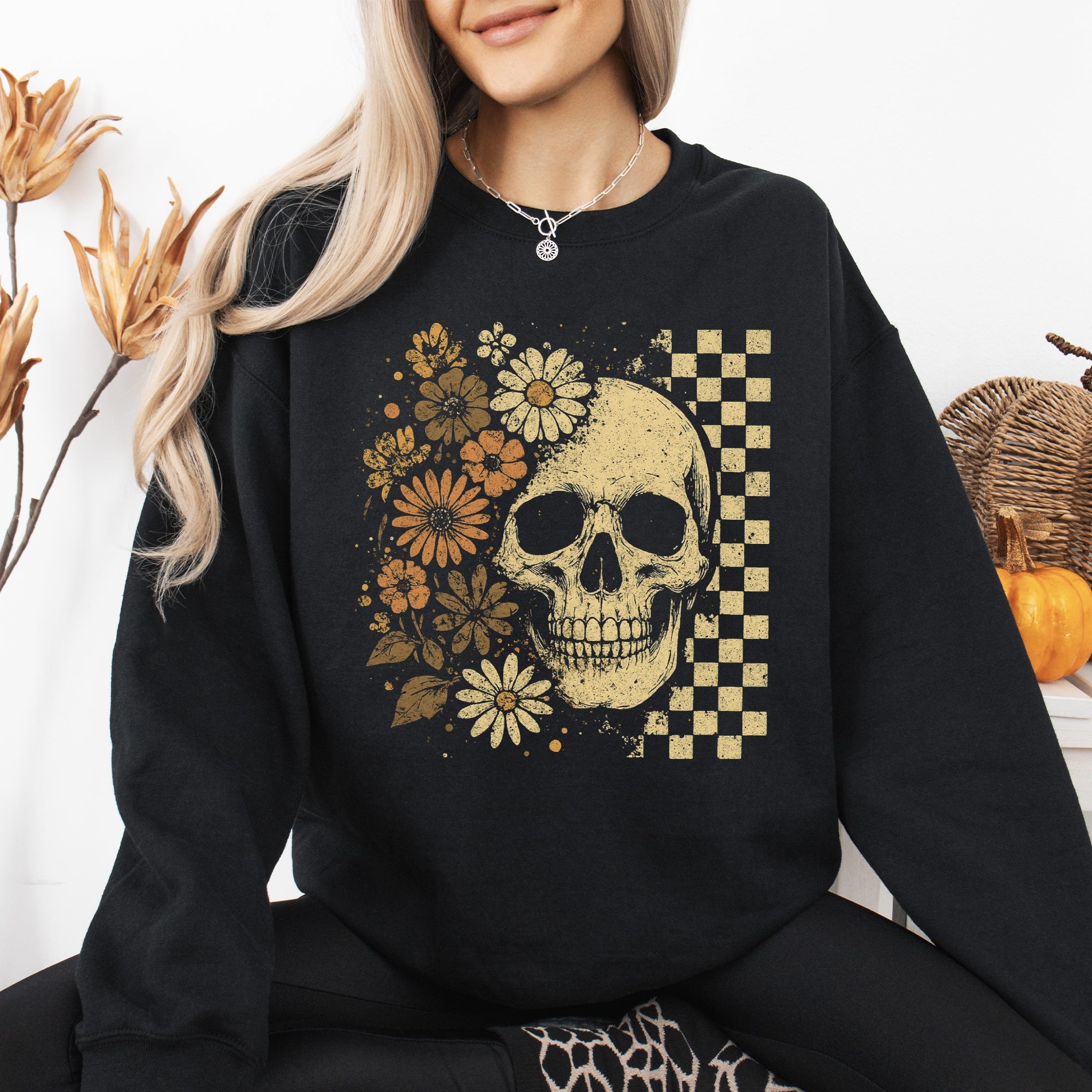 Vintage Skull Floral Checkered Ghost Halloween Book Cat Western Pumpkin Retro Spooky Graphic Sweatshirt