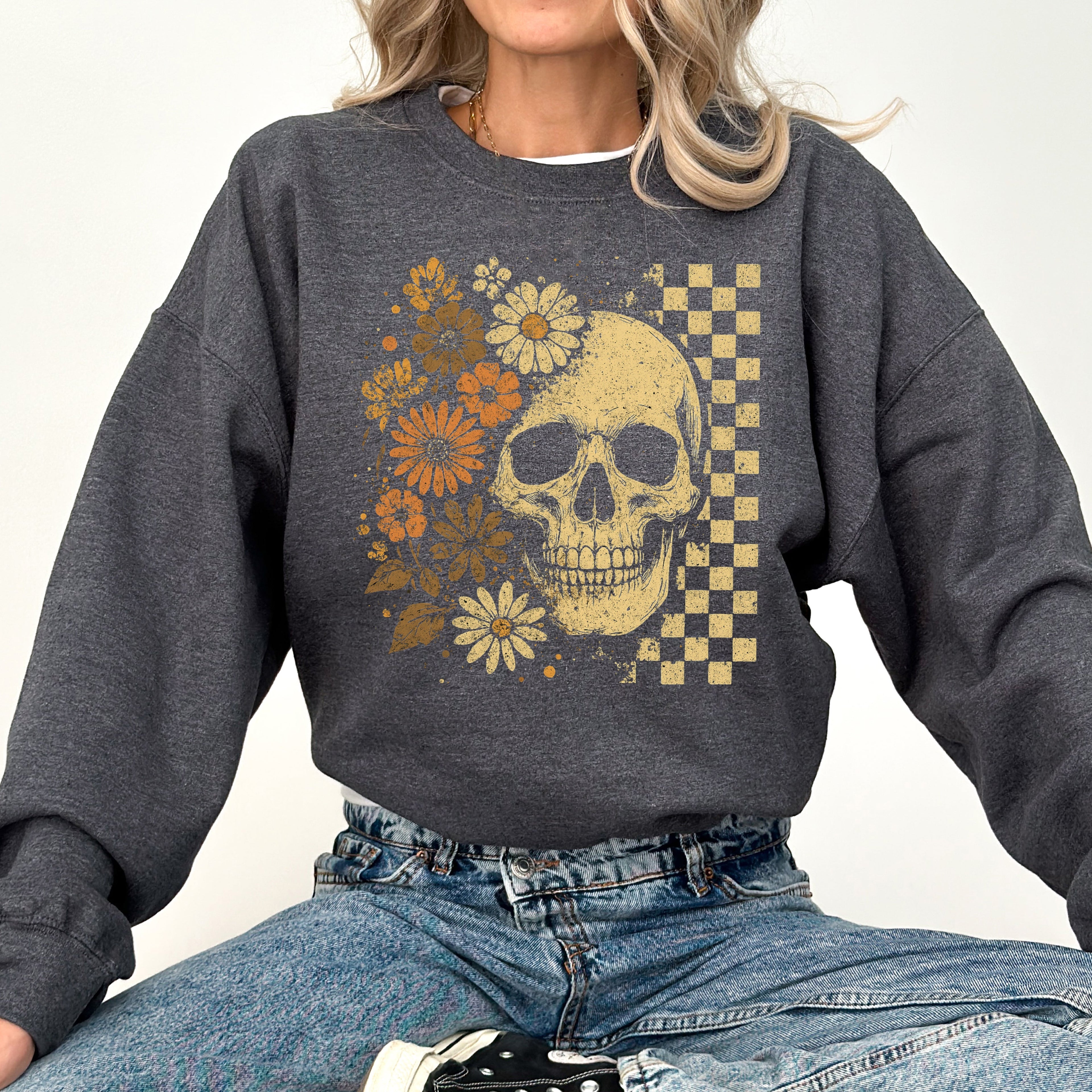 Vintage Skull Floral Checkered Ghost Halloween Book Cat Western Pumpkin Retro Spooky Graphic Sweatshirt