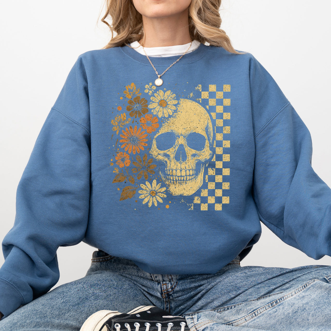 Vintage Skull Floral Checkered Ghost Halloween Book Cat Western Pumpkin Retro Spooky Graphic Sweatshirt