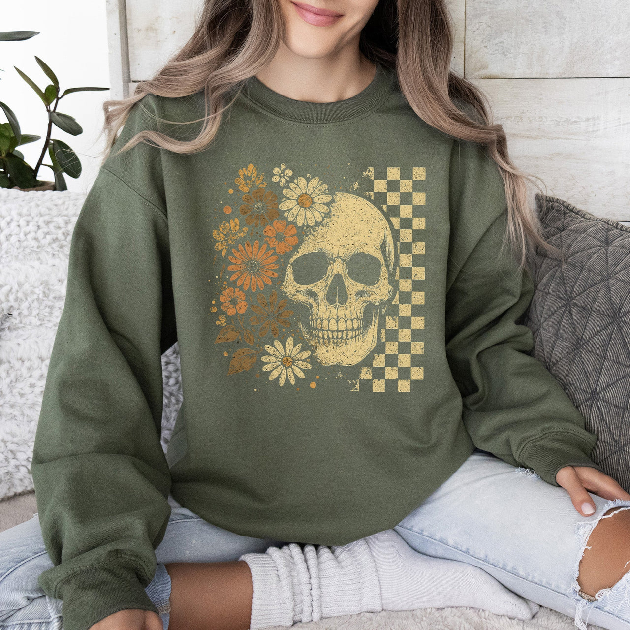 Vintage Skull Floral Checkered Ghost Halloween Book Cat Western Pumpkin Retro Spooky Graphic Sweatshirt