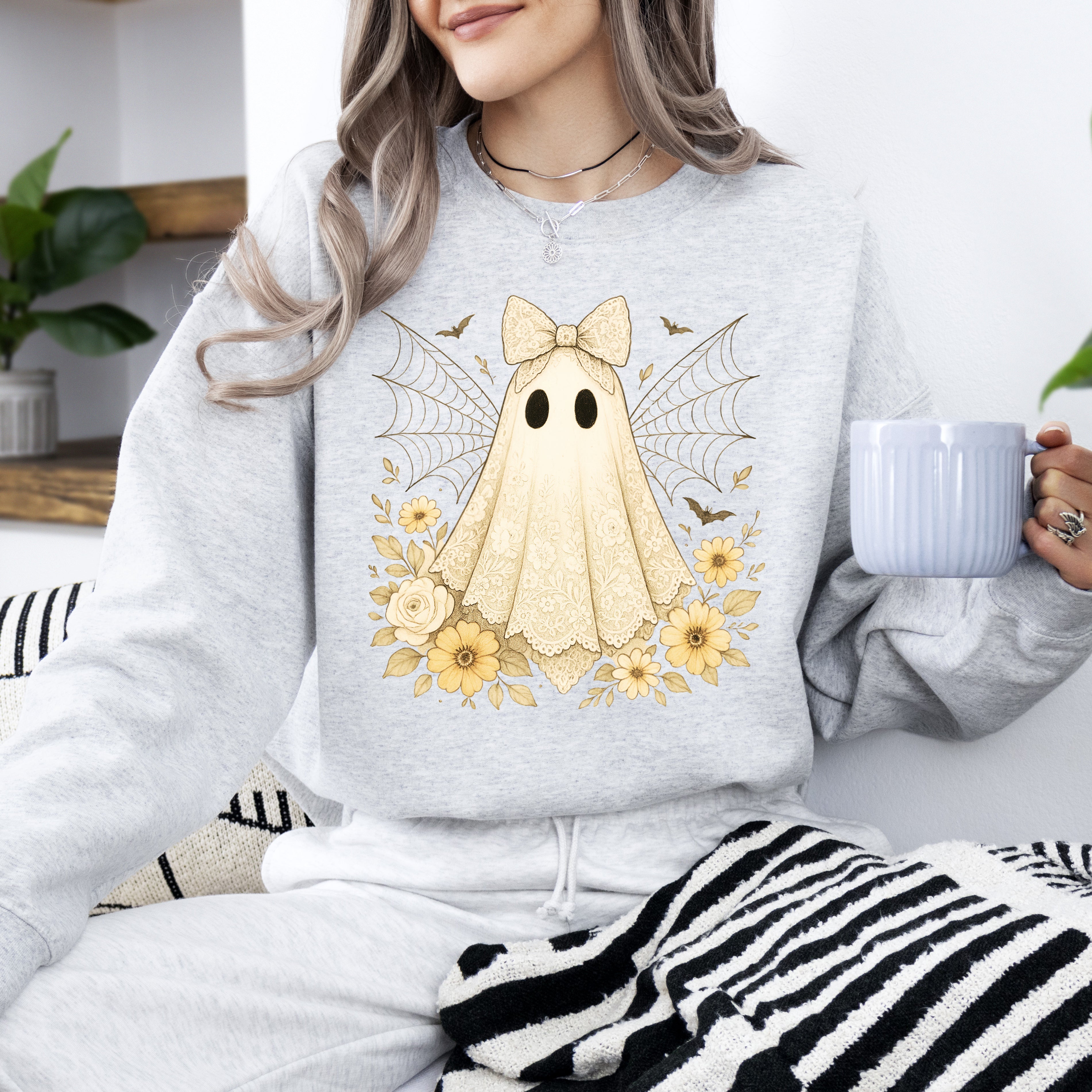 What If Anxious Skeleton Ghost Lace Spider Web Floral Halloween Graphic Sweatshirt
