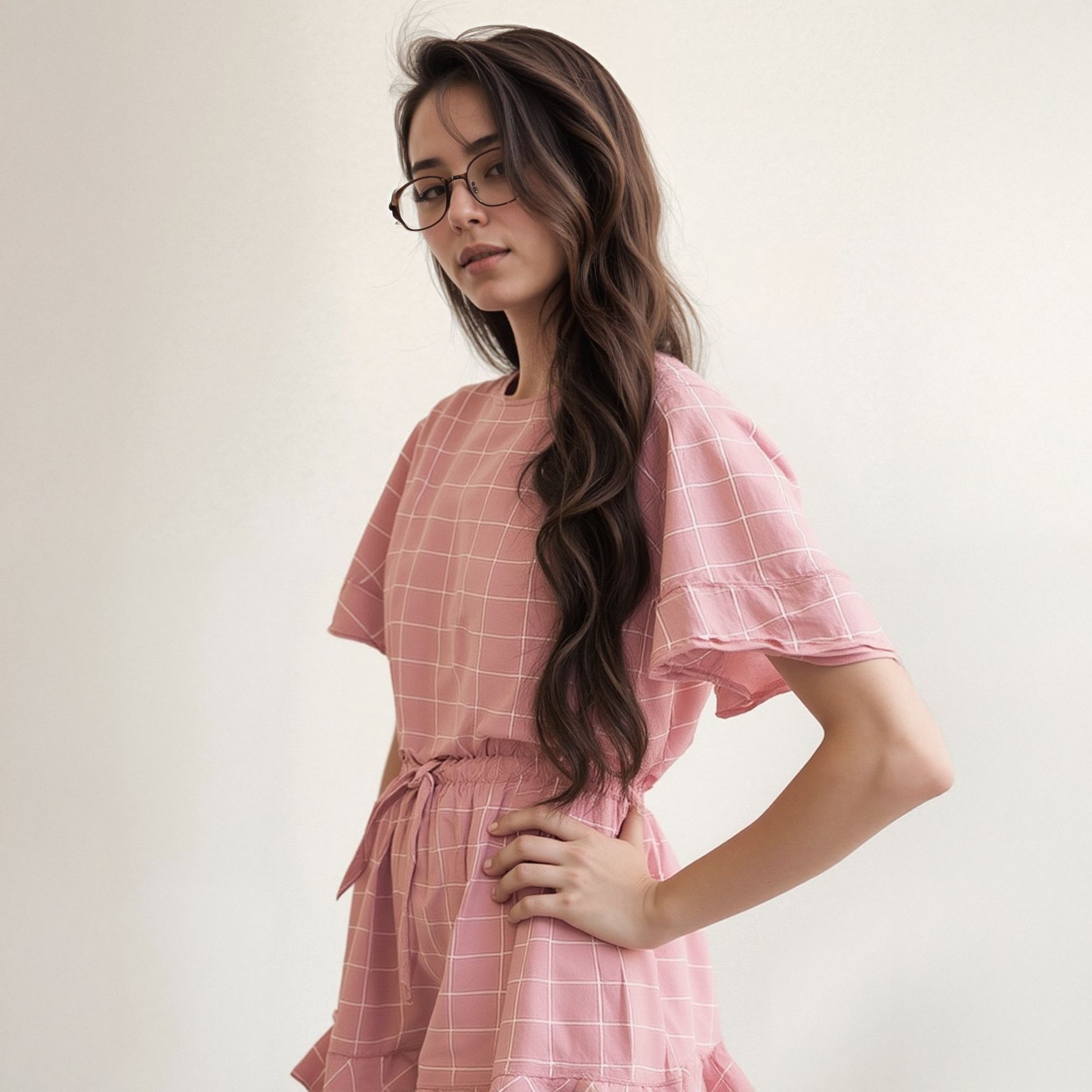 Women's Grid Print Blouse in Pink