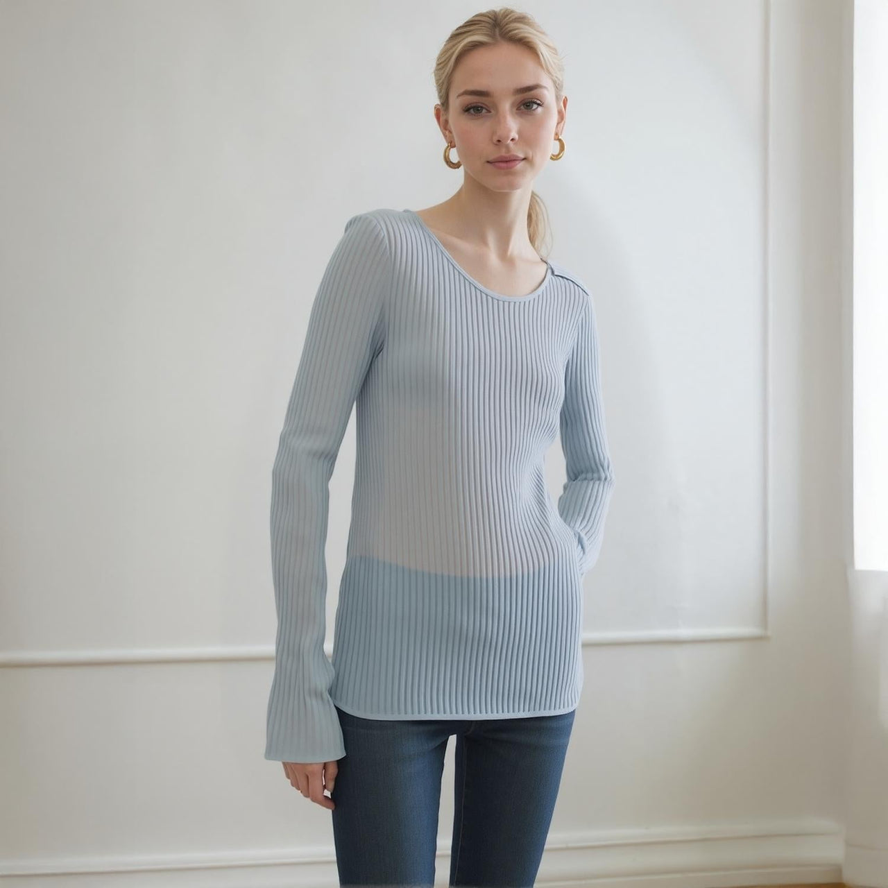Pleione Ribbed Knit Top With Gathered Bell Cuff