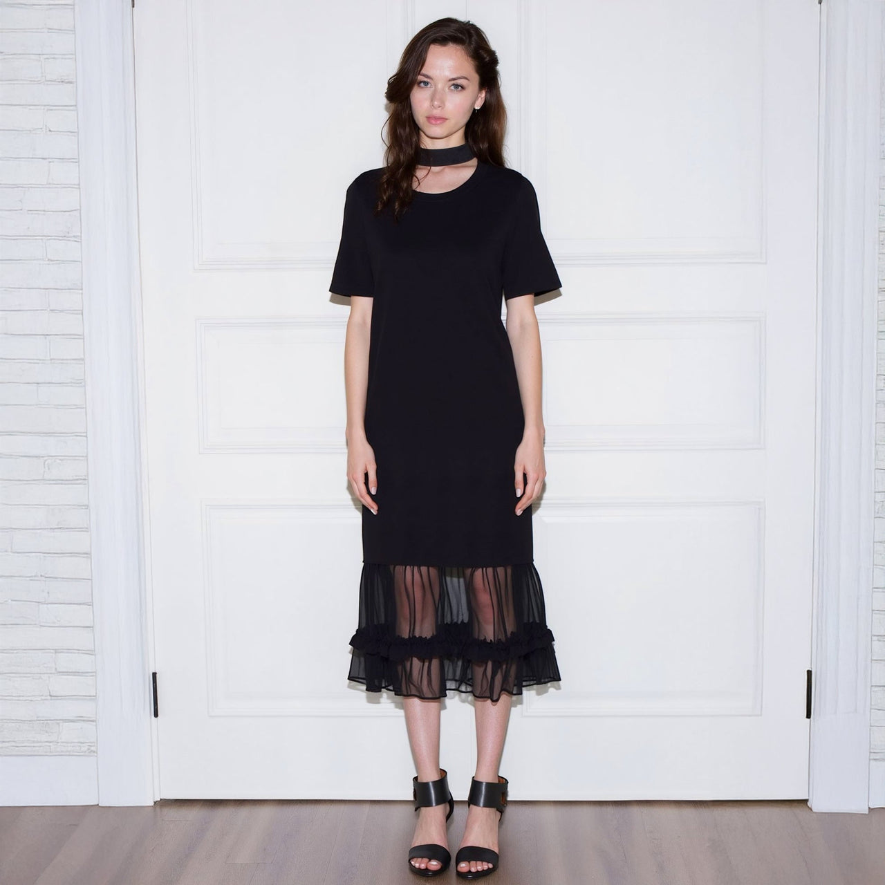 Women's Sheer Contrast Ruffle Hem Midi Dress In Black