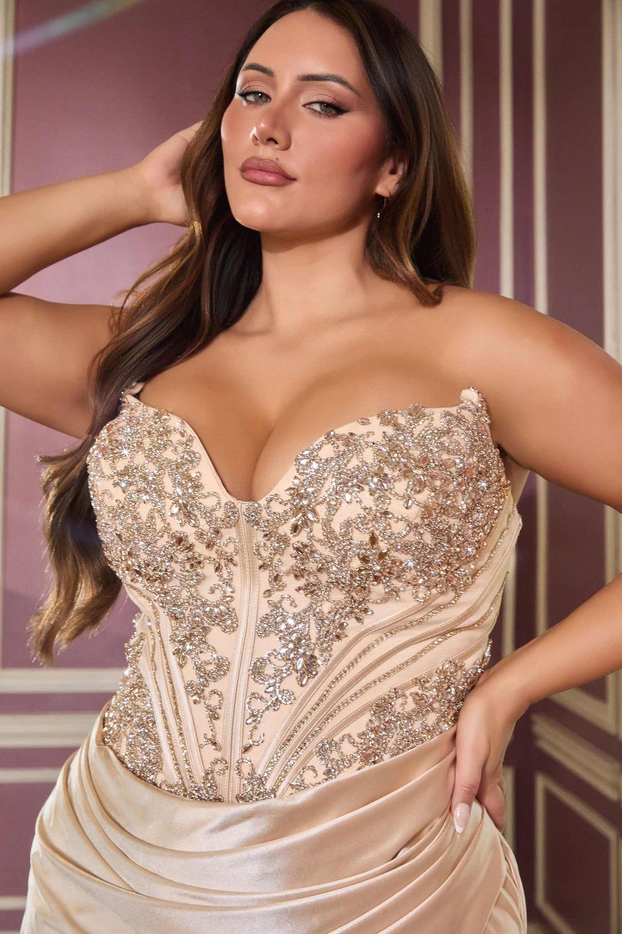 Ladivine KV1136C Strapless Sweetheart Draped Satin Fitted Plus Size Gown
