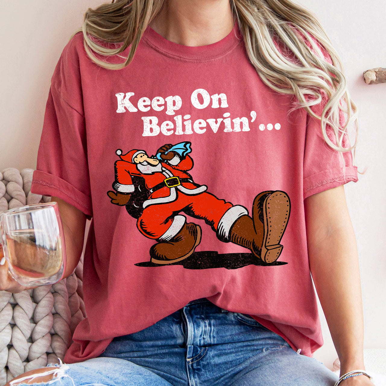 Keep On Believin' Santa Trucking Retro Christmas Holiday Classic Comfort Colors Tee