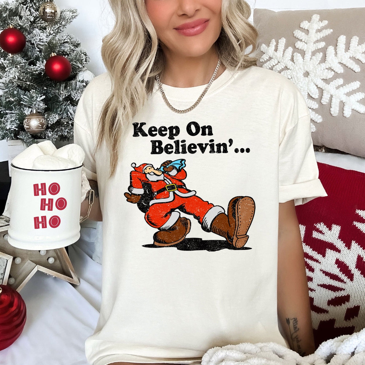 Keep On Believin' Santa Trucking Retro Christmas Holiday Classic Comfort Colors Tee