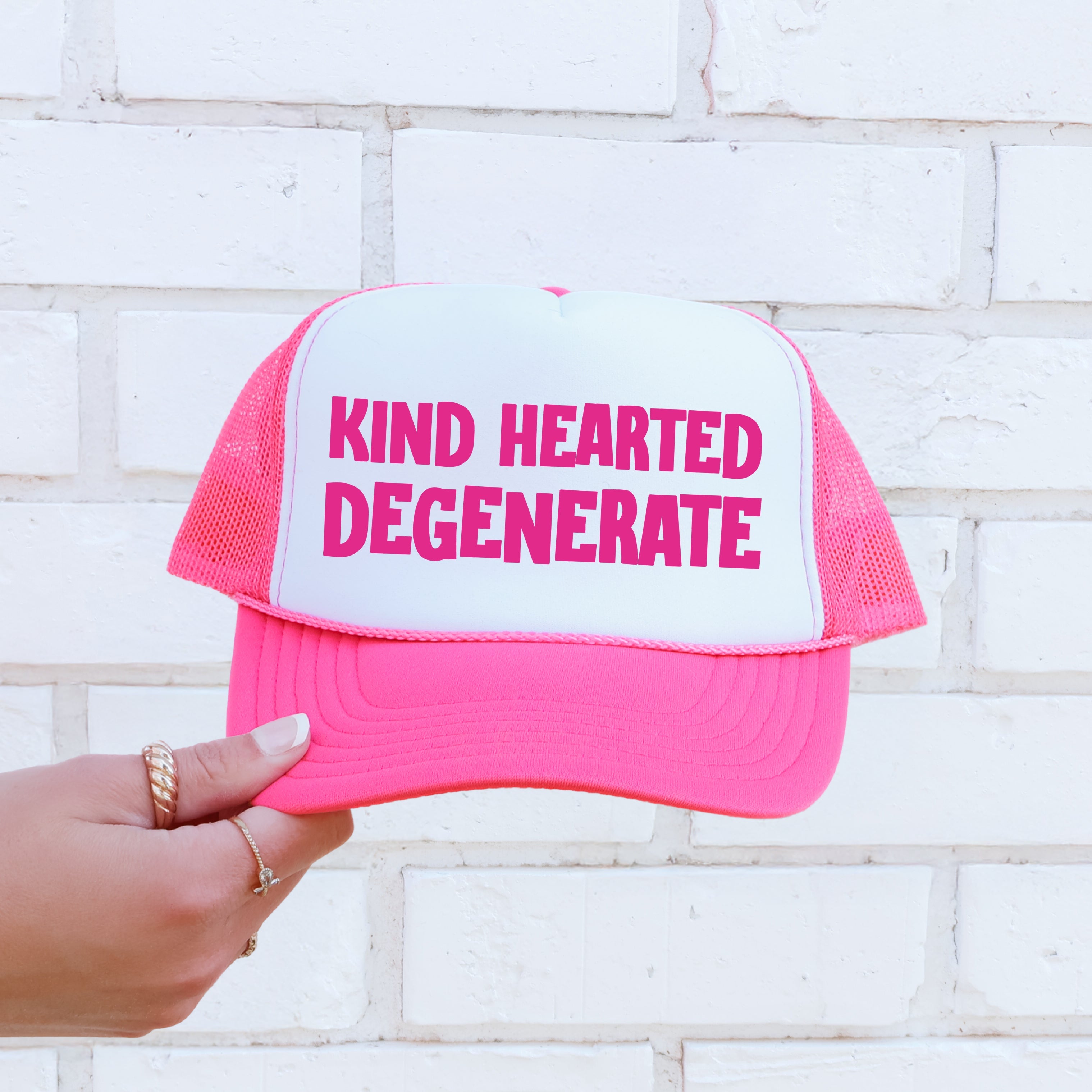Kind Hearted Degenerate Bright Pink Vintage Style Bold Statement Premium Quality Trucker Hat