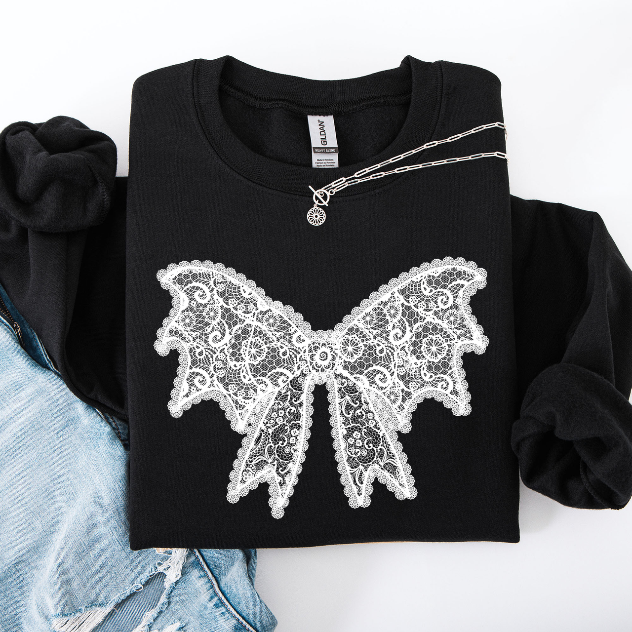 Lace Bow Halloween Goth Faux Lace Ribbon Coquette Ornate Embroidered Detail Sweatshirt