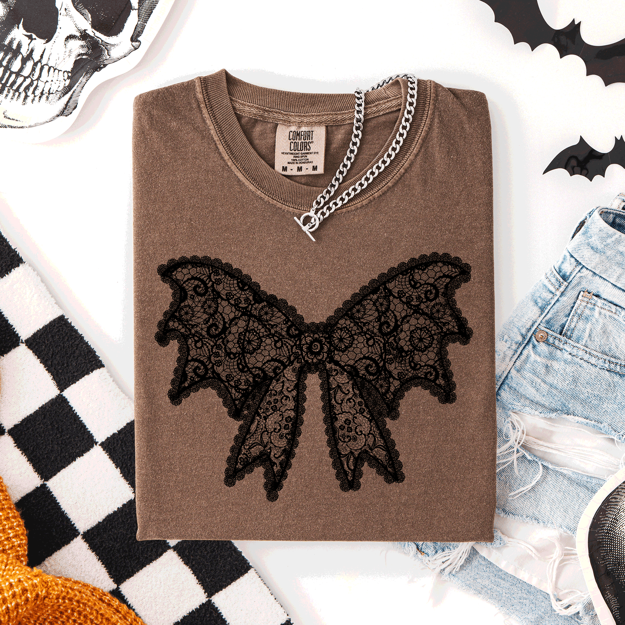 Lace Bow Halloween Goth Faux Lace Ribbon Coquette Silhouette Across The Night Comfort Colors Tee