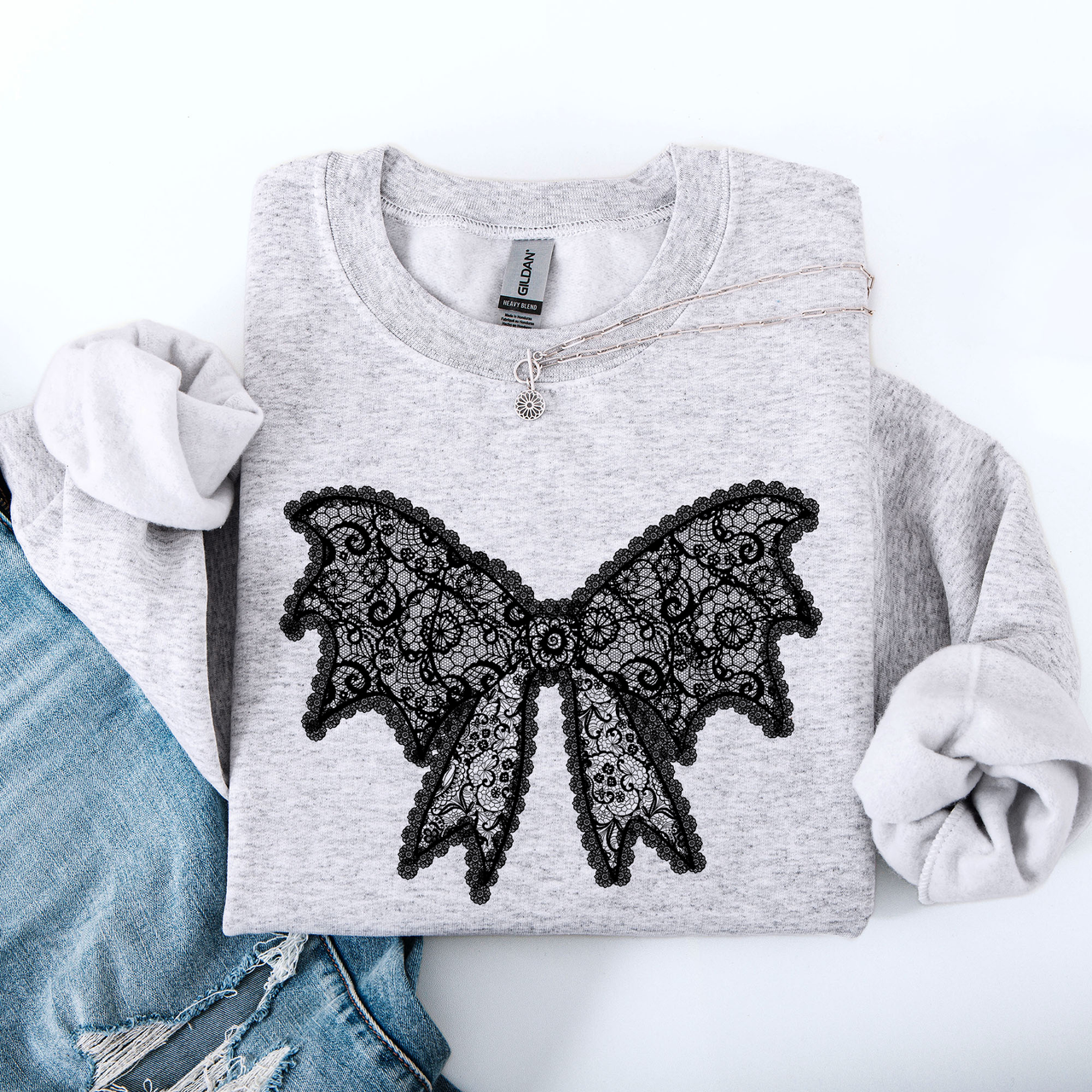 Lace Bow Halloween Goth Faux Lace Ribbon Coquette Ornate Embroidered Detail Sweatshirt
