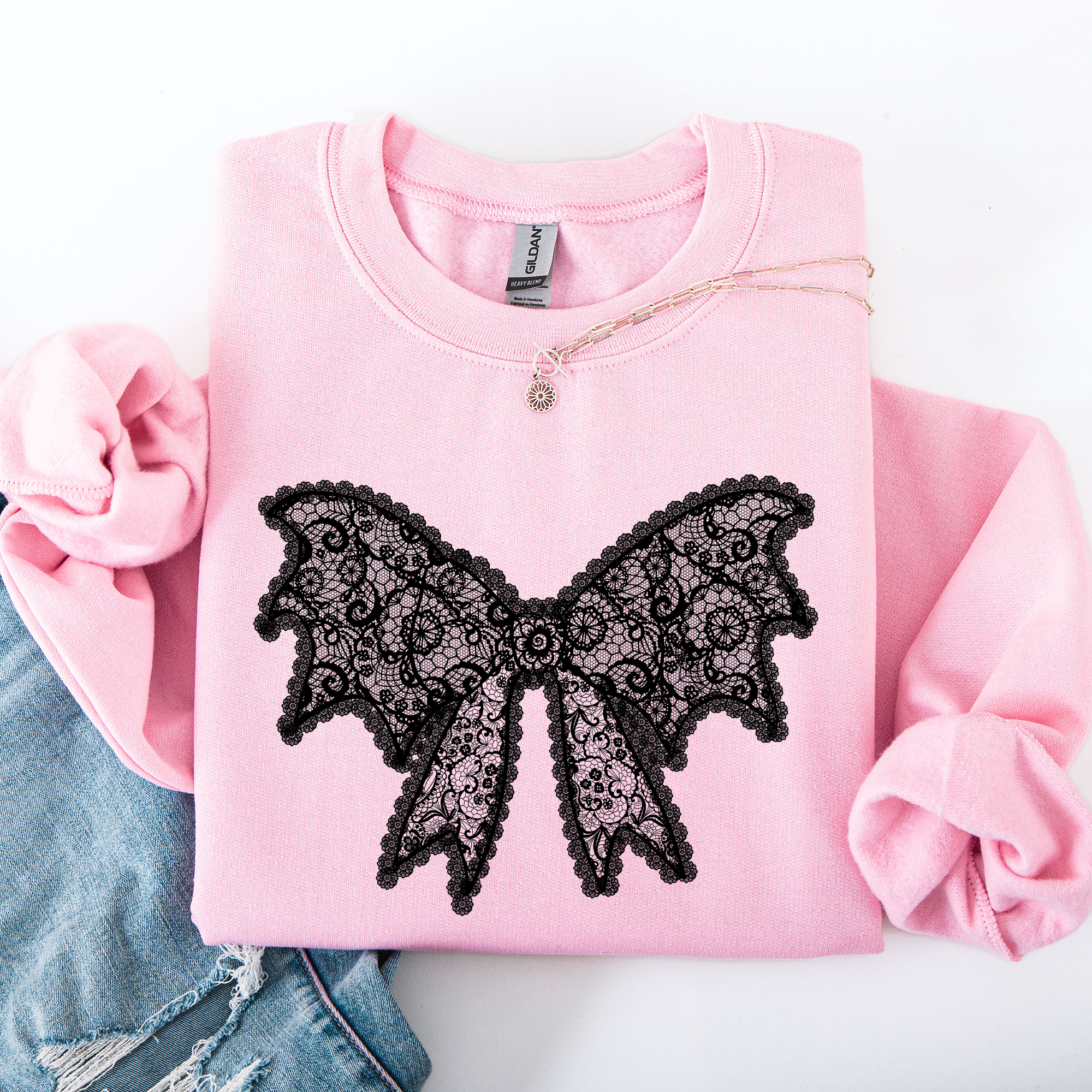 Lace Bow Halloween Goth Faux Lace Ribbon Coquette Ornate Embroidered Detail Sweatshirt