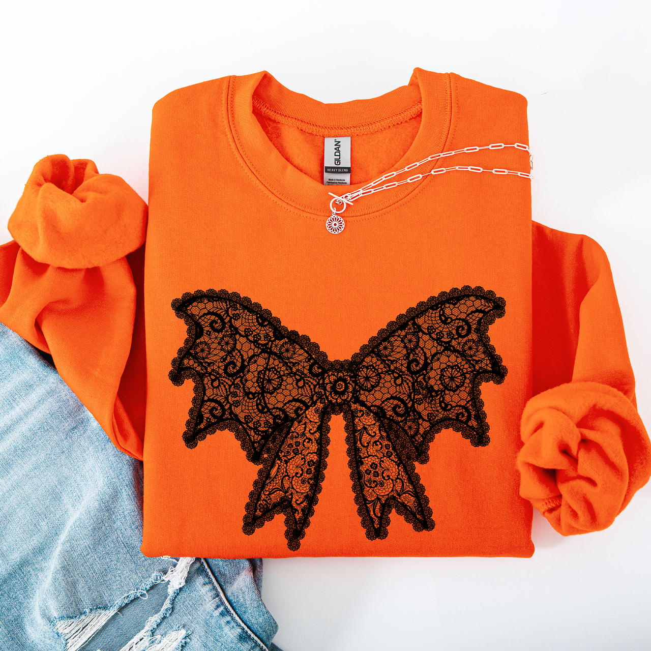 Lace Bow Halloween Goth Faux Lace Ribbon Coquette Ornate Embroidered Detail Sweatshirt