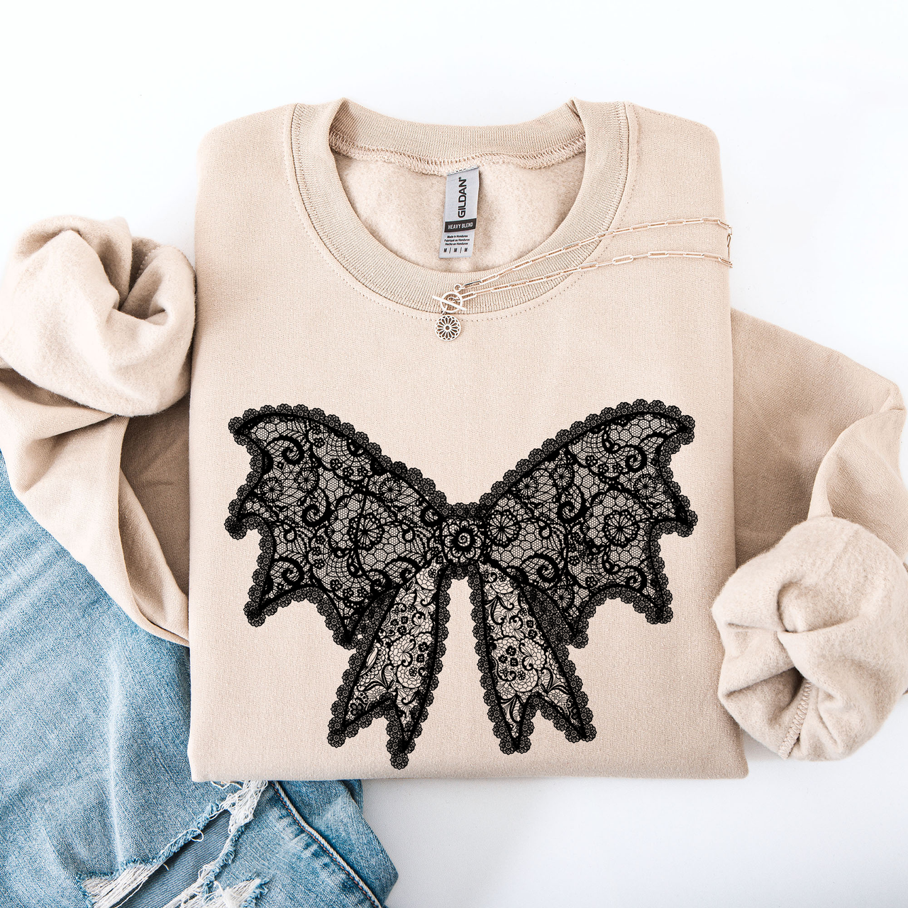 Lace Bow Halloween Goth Faux Lace Ribbon Coquette Ornate Embroidered Detail Sweatshirt