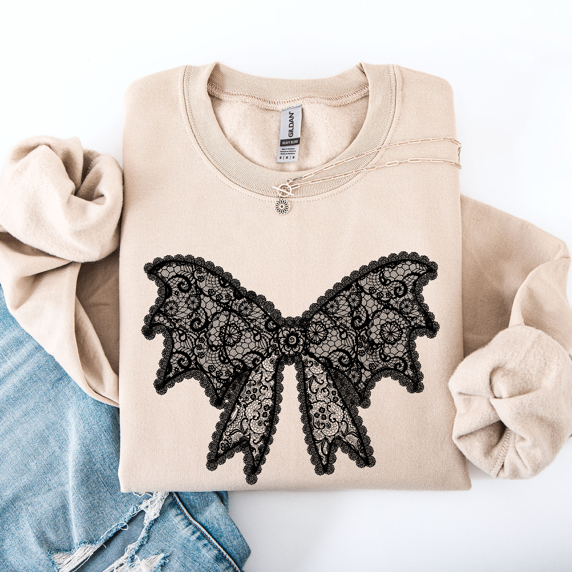 Lace Bow Halloween Goth Faux Lace Ribbon Coquette Ornate Embroidered Detail Sweatshirt